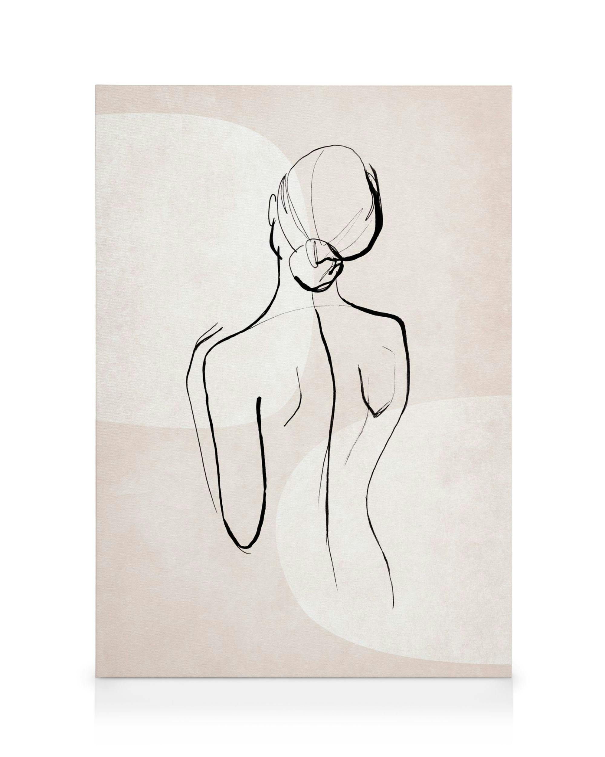 Lienzo minimalista con contorno de espalda femenina en negro sobre fondo beige, formas curvas suaves.
