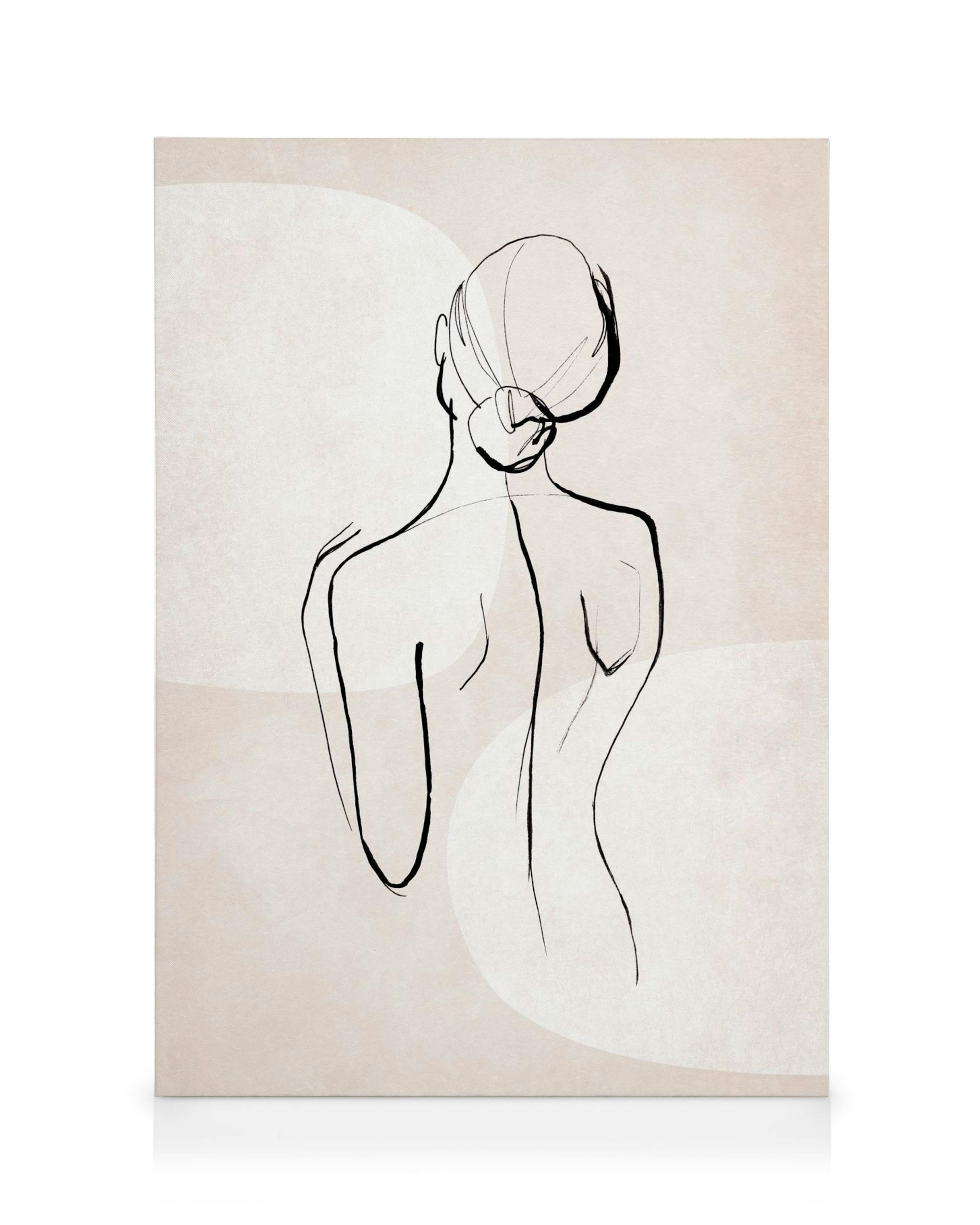 Lienzo minimalista con contorno de espalda femenina en negro sobre fondo beige, formas curvas suaves.