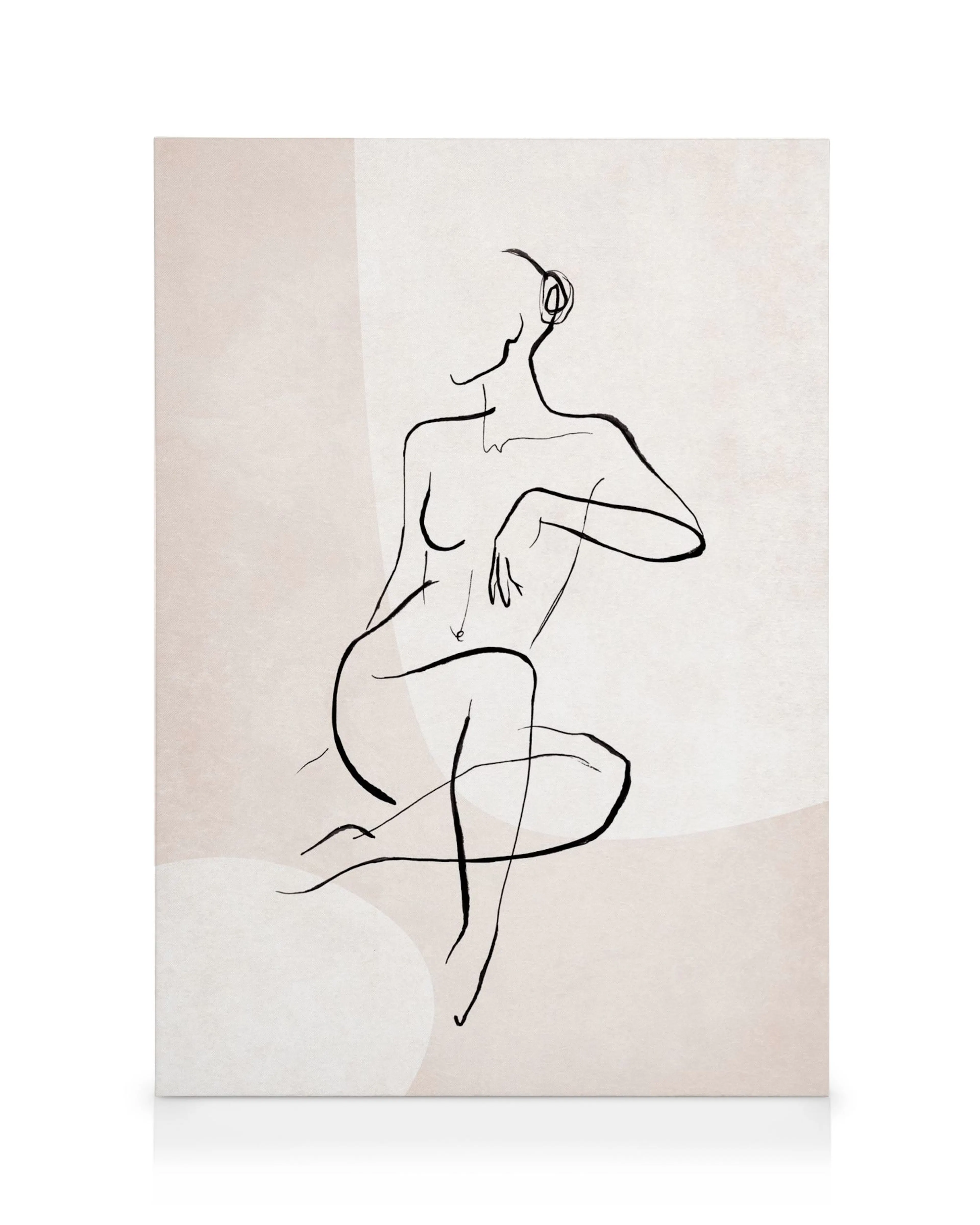 Toile abstraite avec dessin au trait dune femme assise sur fond beige, style figuratif féminin moderne.