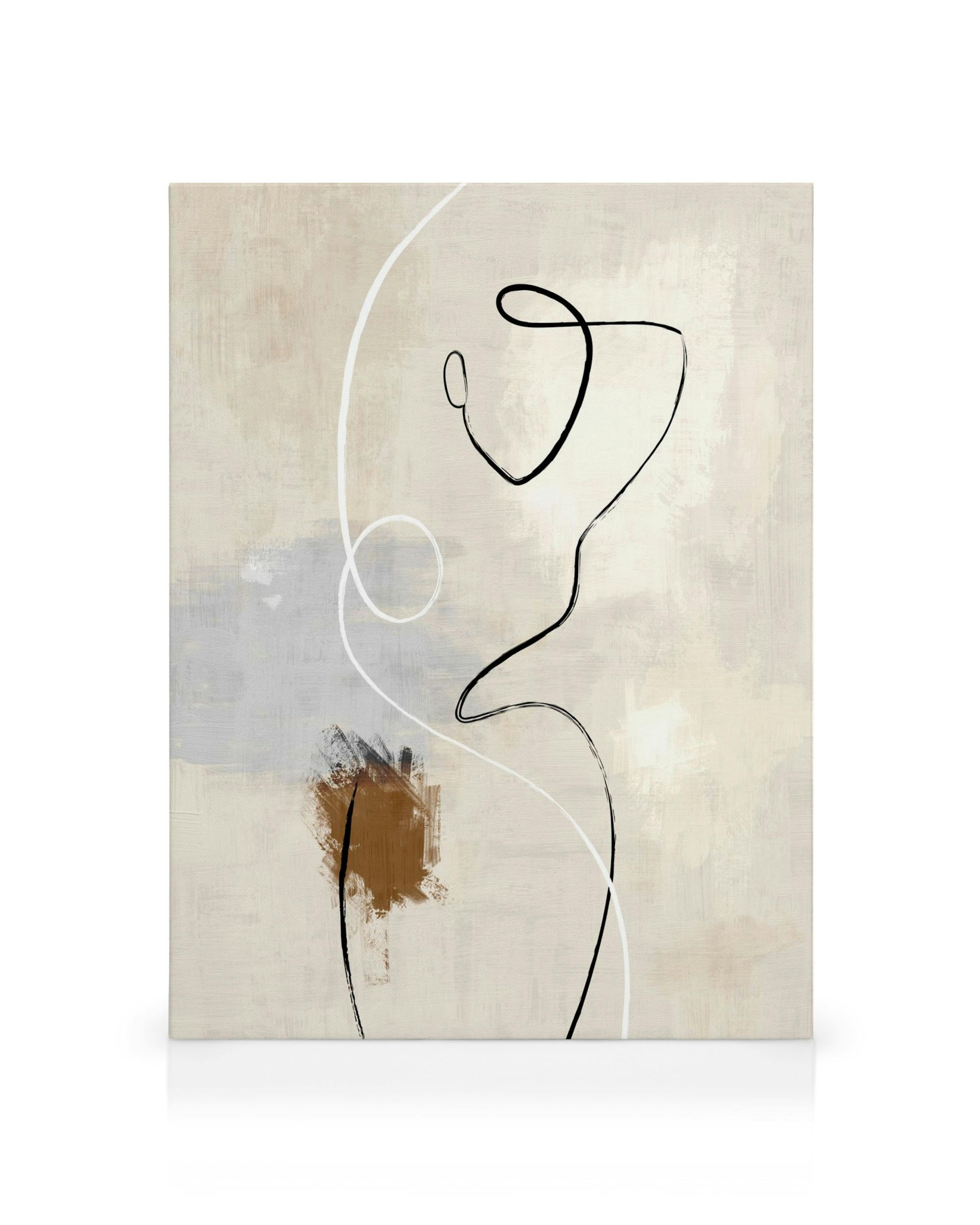 Dual Lines No2 lærred med sort kropskontur, hvid linjekunst og brune penselstrøg på beige baggrund.