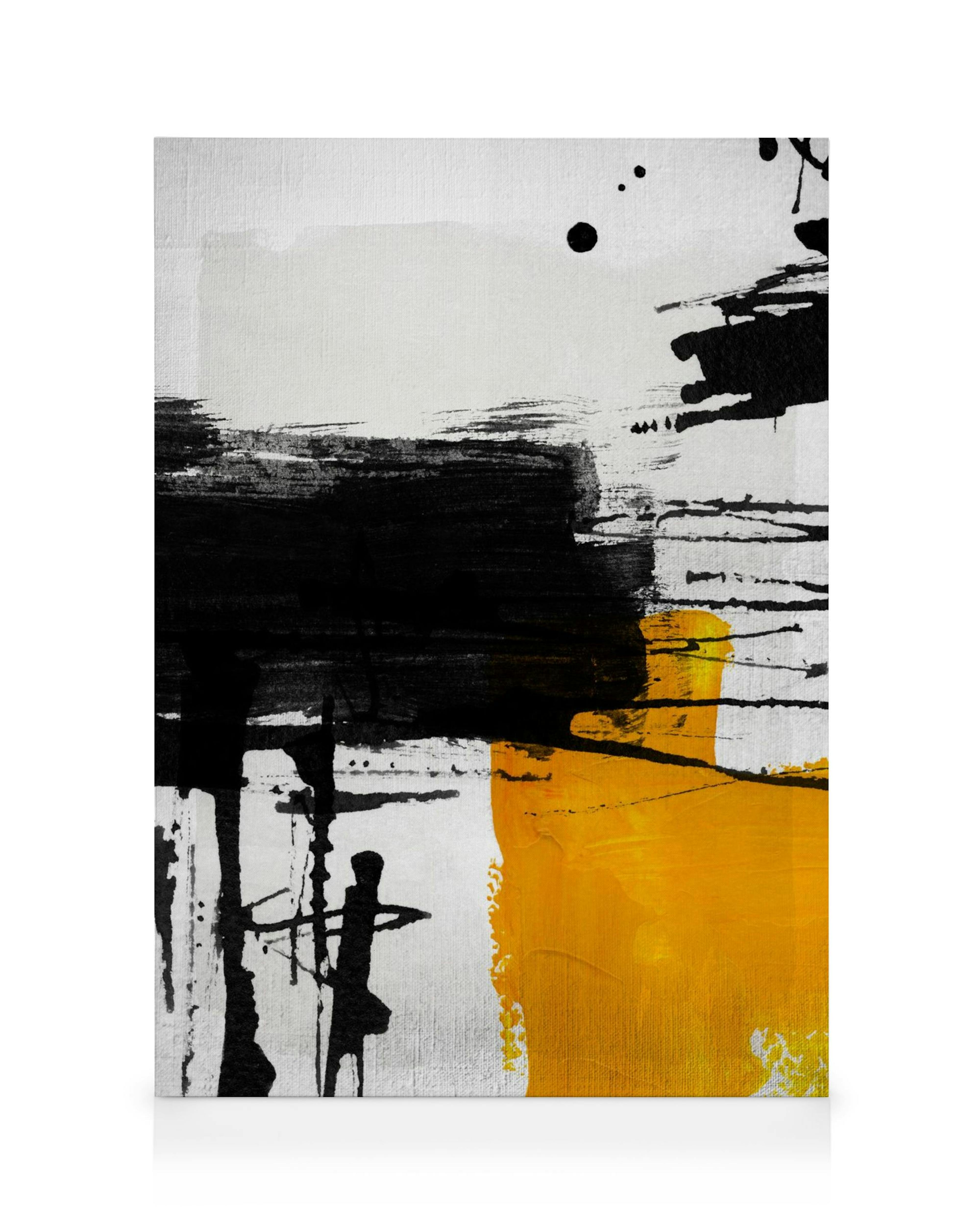 Stampa su tela astratta con pennellate nere, rettangolo giallo e punti neri su sfondo bianco. Arte da parete testurizzata.