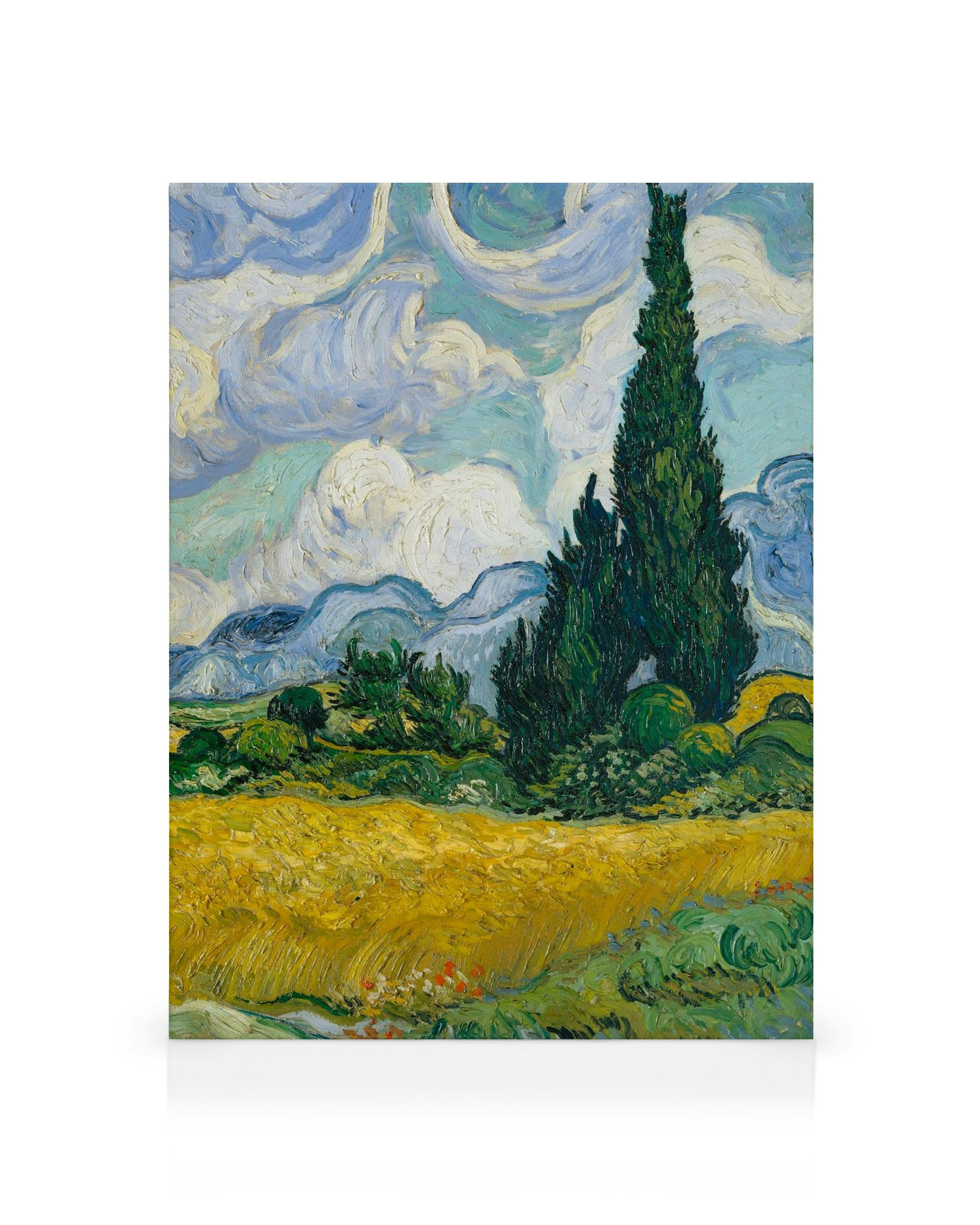 Van Goghs Wheat Field with Cypresses canvas print, a landscape with yellow field, green cypress trees, blue sky.
