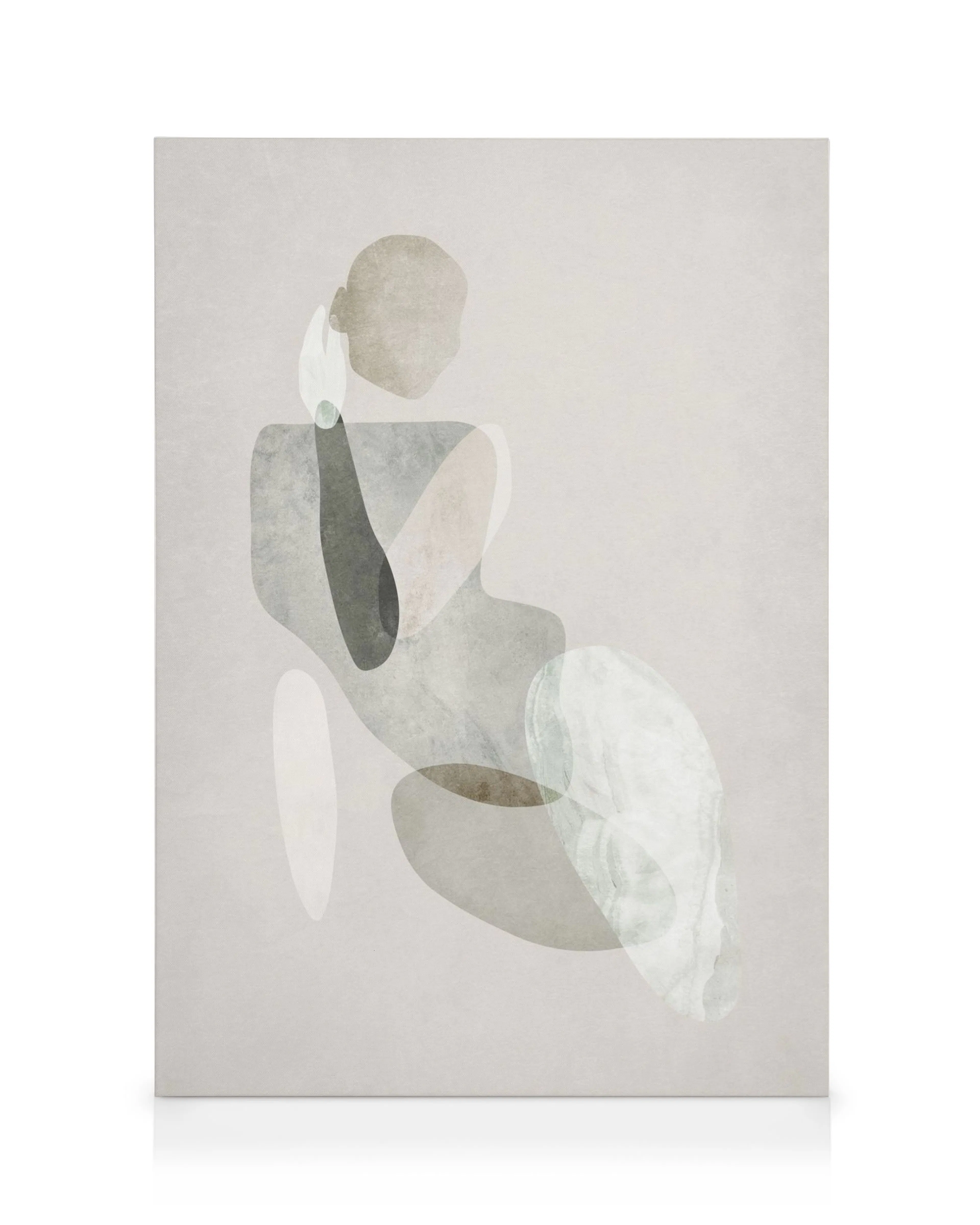 Abstrakcyjny obraz na płótnie: sylwetka siedzącej postaci, szarości, bieli i beżu. Nowoczesny akcent do wnętrza.