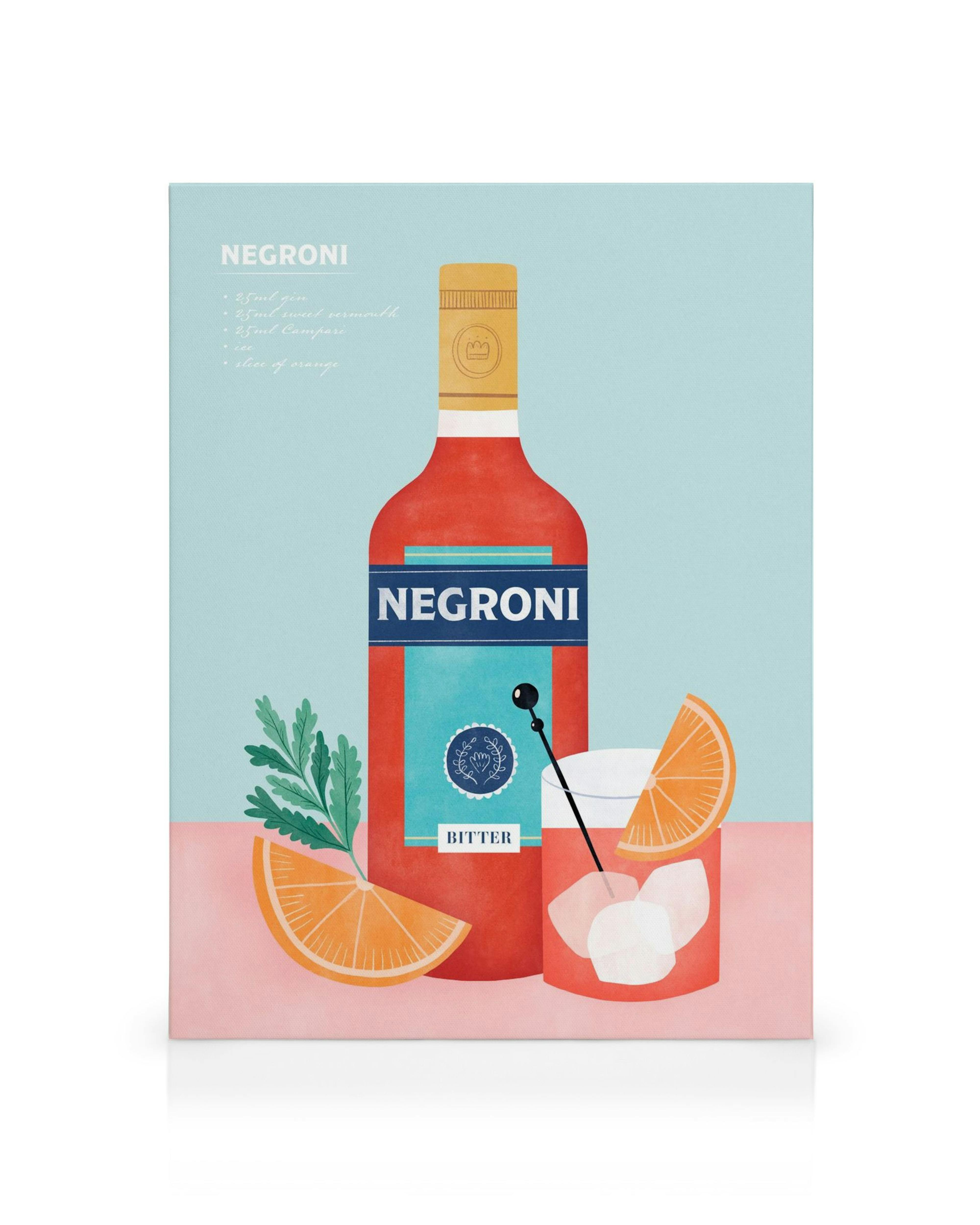 Stampa su tela Negroni con bottiglia rossa, bicchiere, ghiaccio, fette darancia e ricetta su sfondo rosa e azzurro.