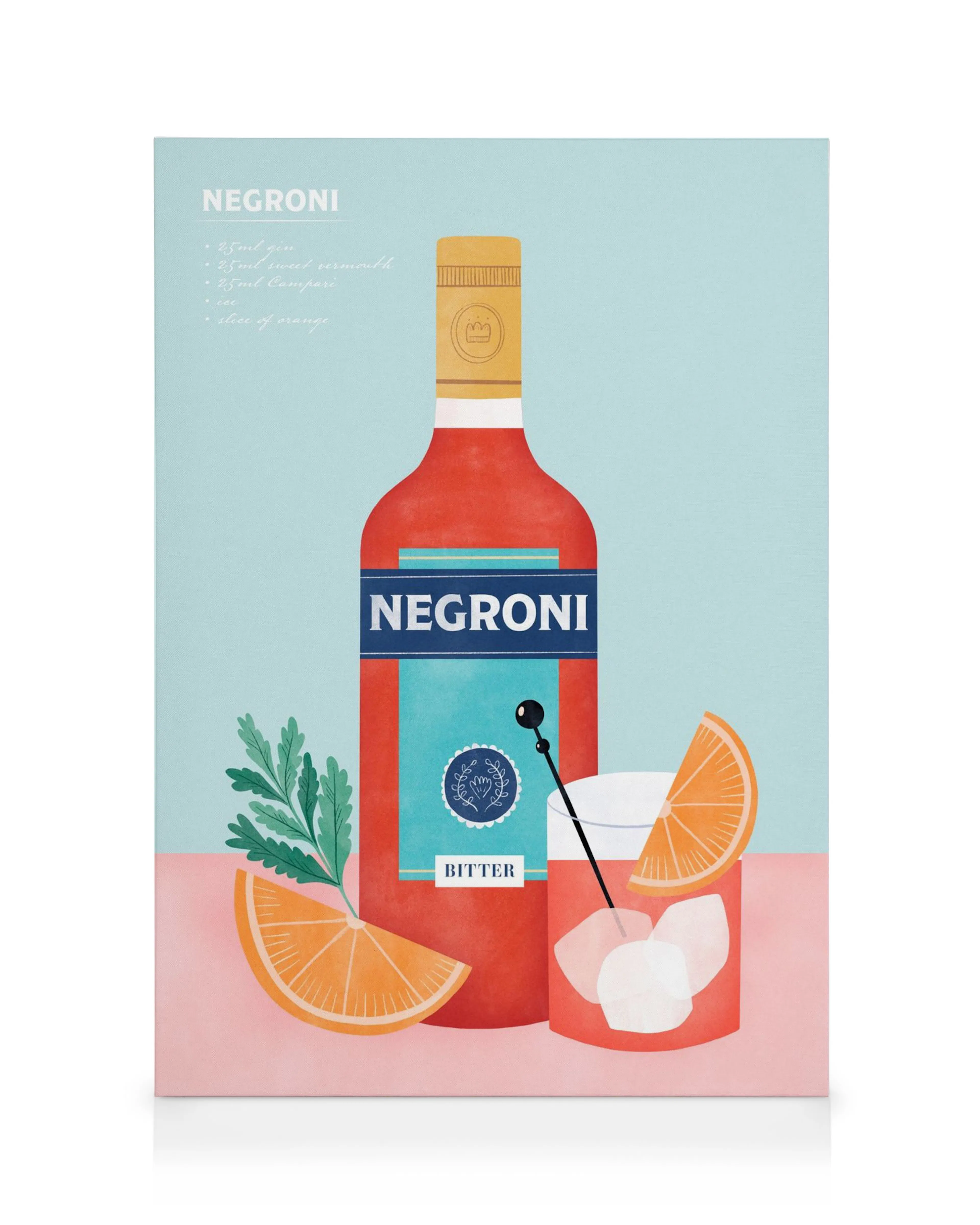 Ilustrace Negroni s červenou lahví, koktejlem s ledem a plátky pomeranče, moderní styl