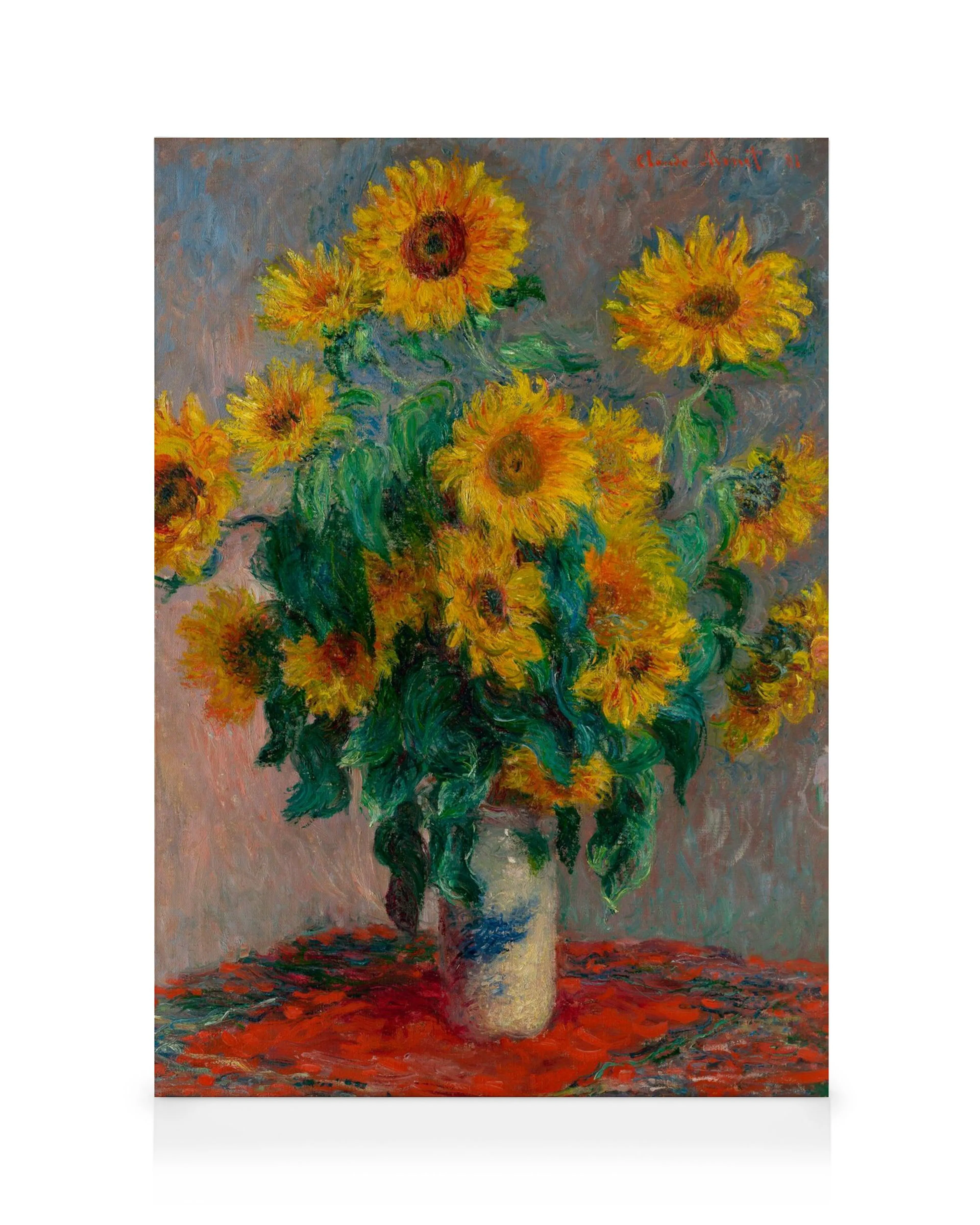 Obraz Monet Słoneczniki w wazonie, żółte kwiaty, zielone liście, biało-niebieski wazon, czerwony obrus, szare tło.