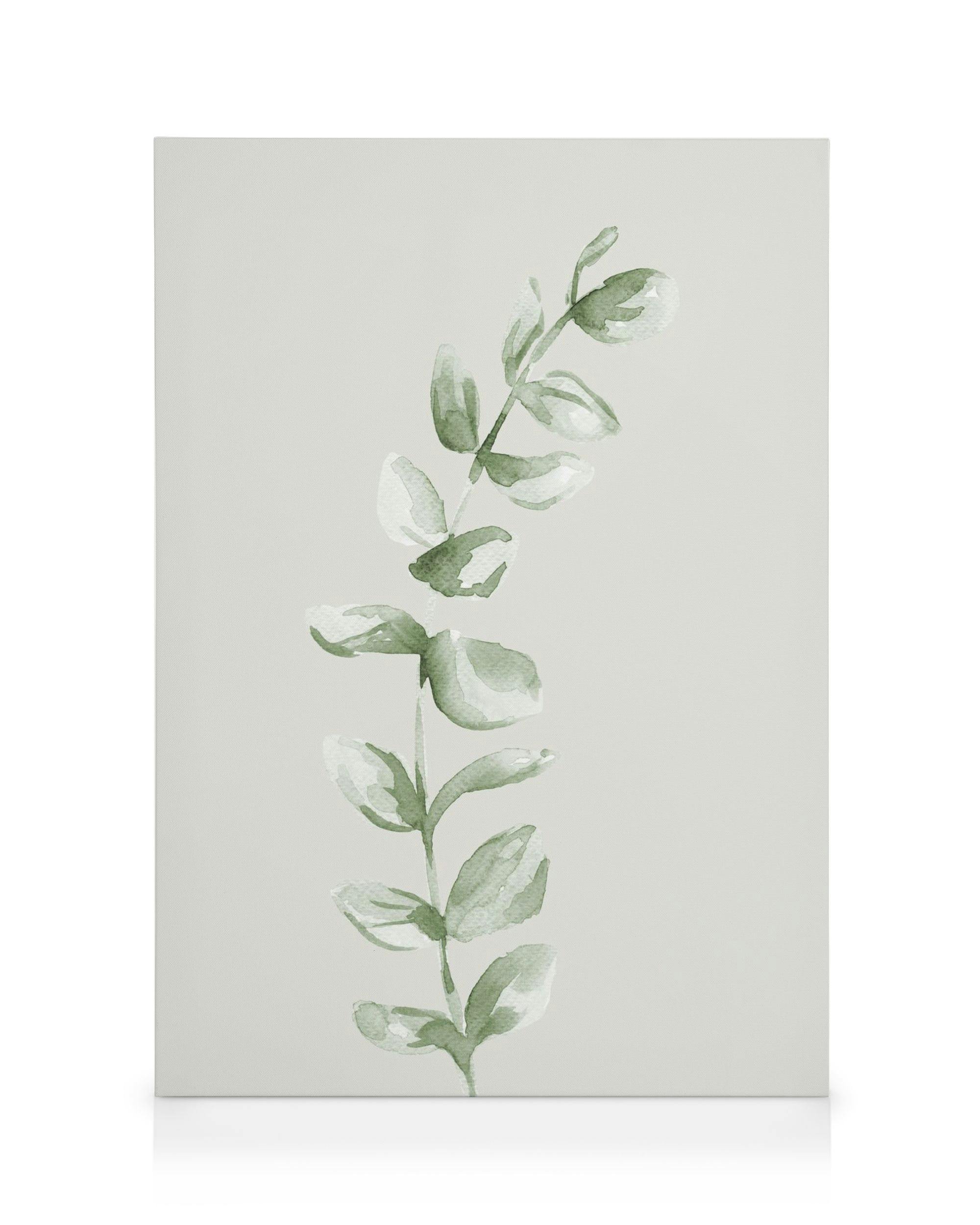 Akvarelmaleri af grønne blade på en stilk, Painted Leaf No1 Lærred, naturmotiv