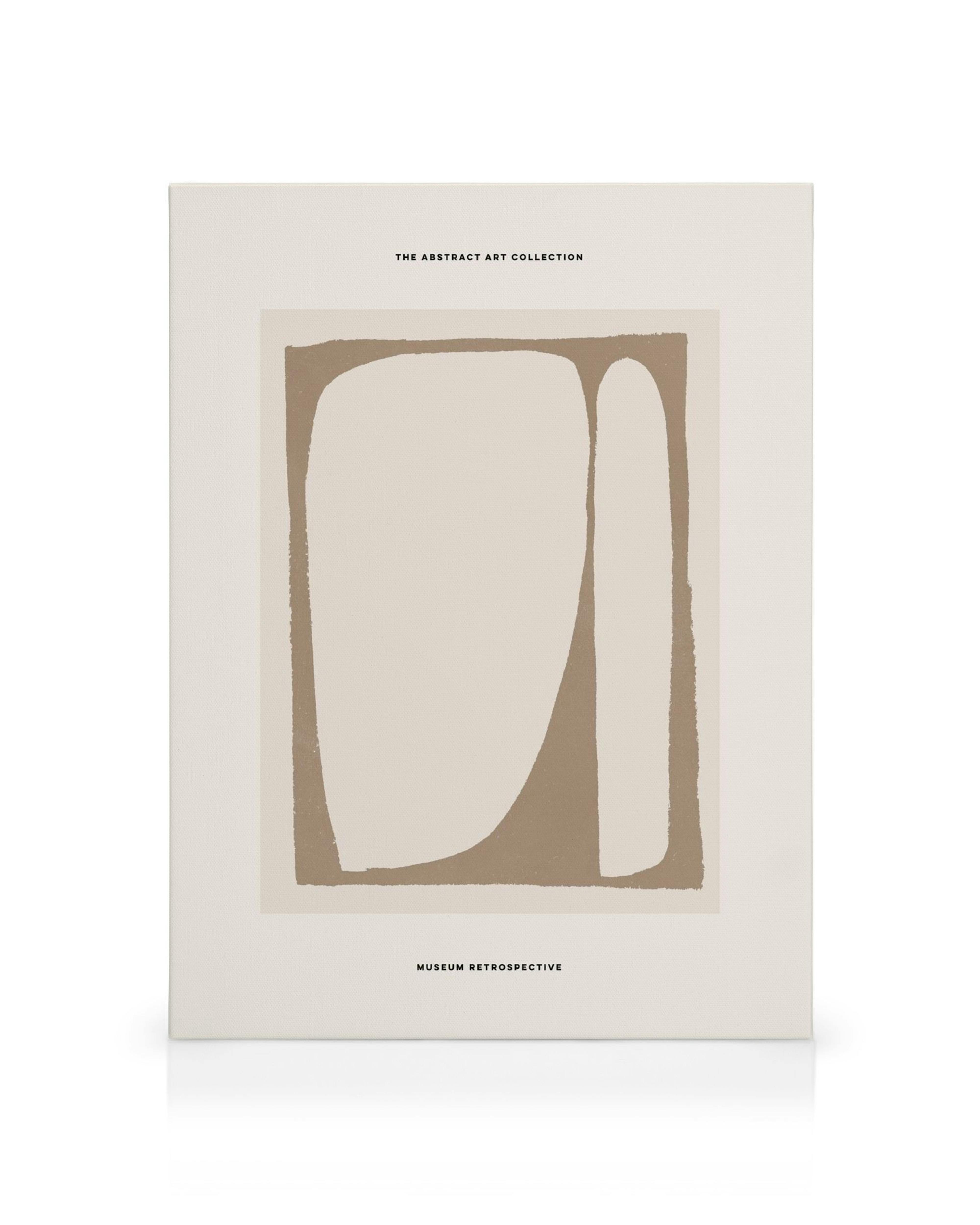 Lienzo abstracto beige con forma marrón de figura o jarrón simplificado sobre fondo blanco. Arte moderno, decoración interior.