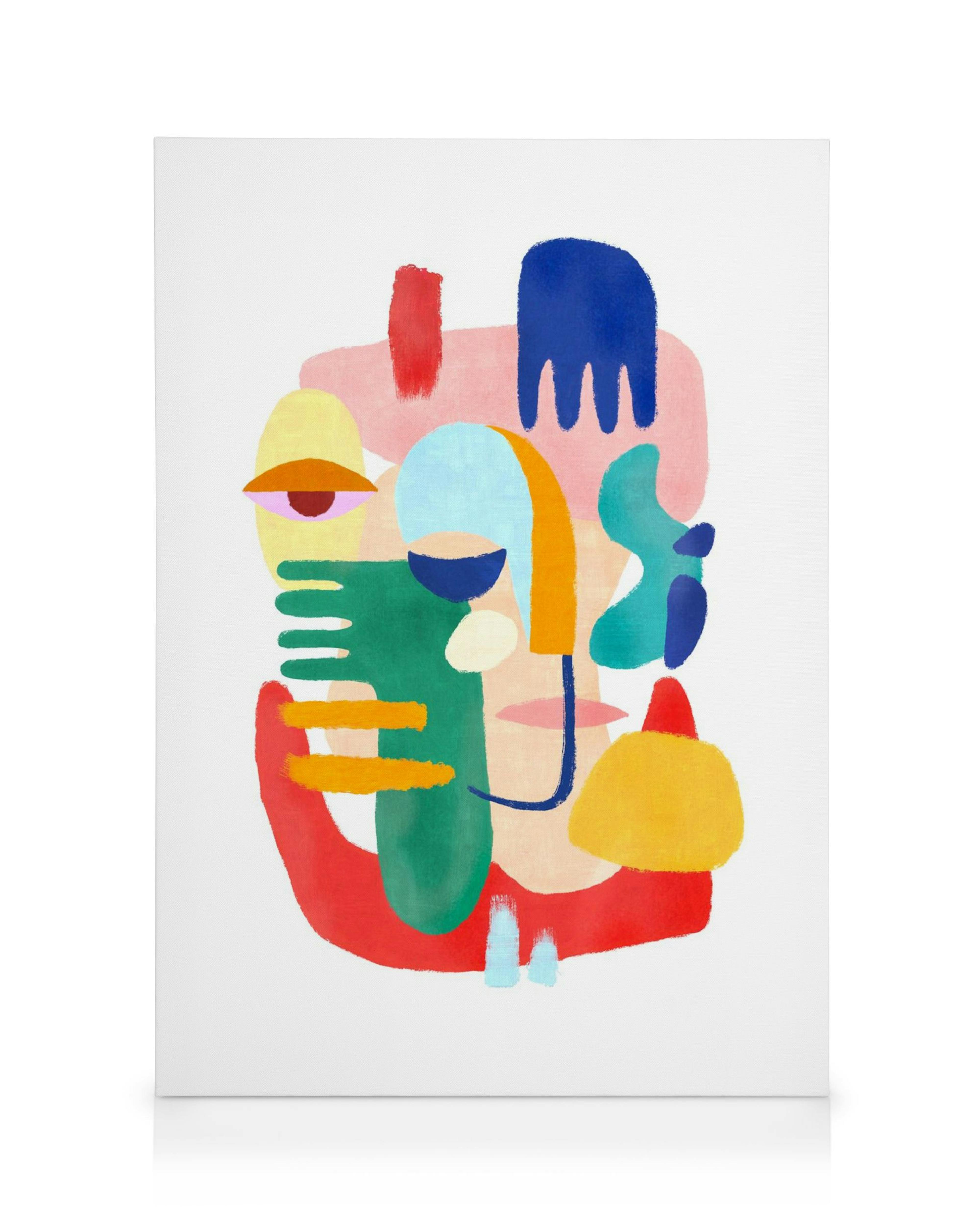 Stampa su tela astratta con forme e linee colorate rosse, blu, gialle, verdi e rosa su sfondo bianco.