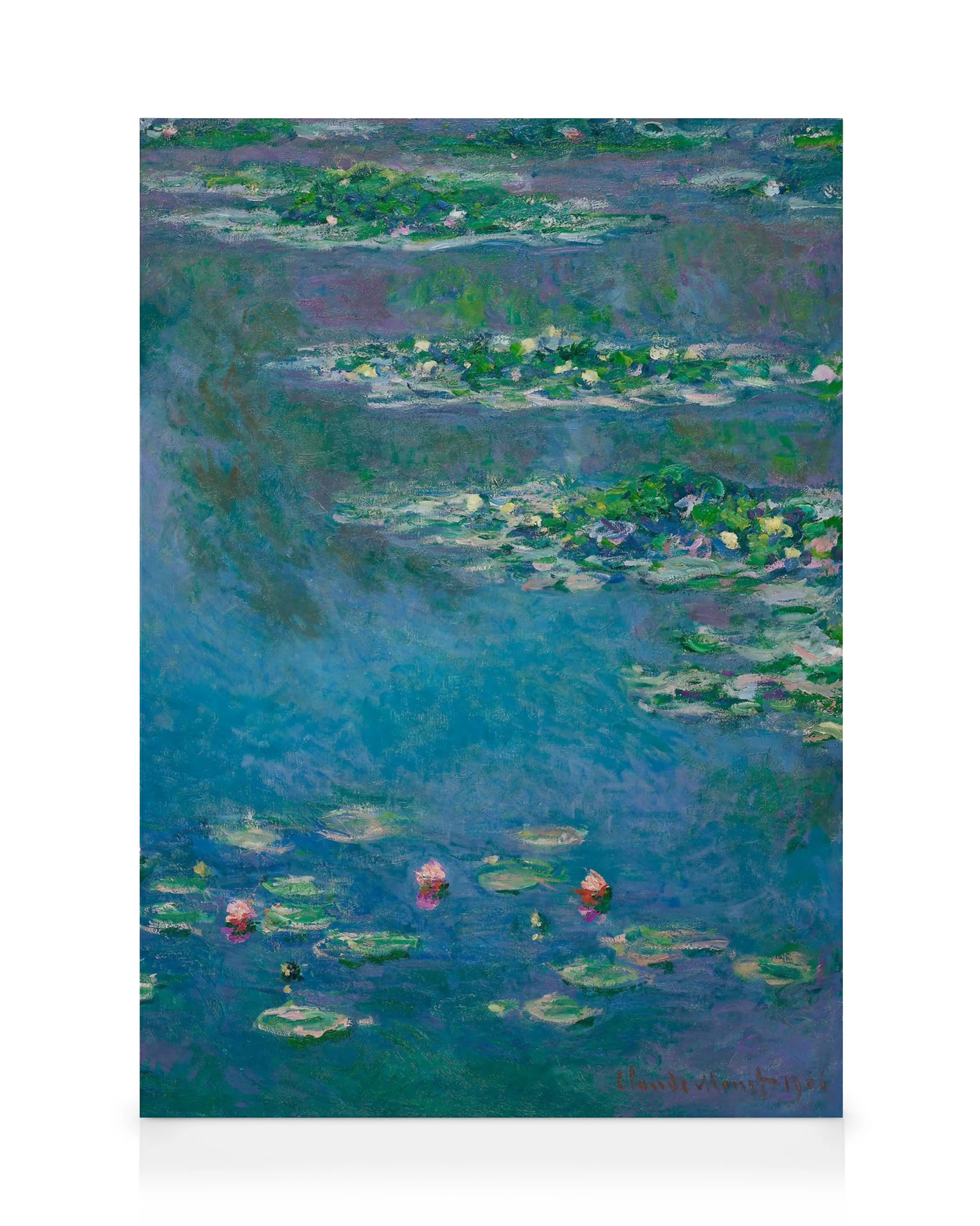 Monets Waterlelies canvas met rustgevende blauwe en groene tinten, drijvende waterleliebladeren en bloemen.