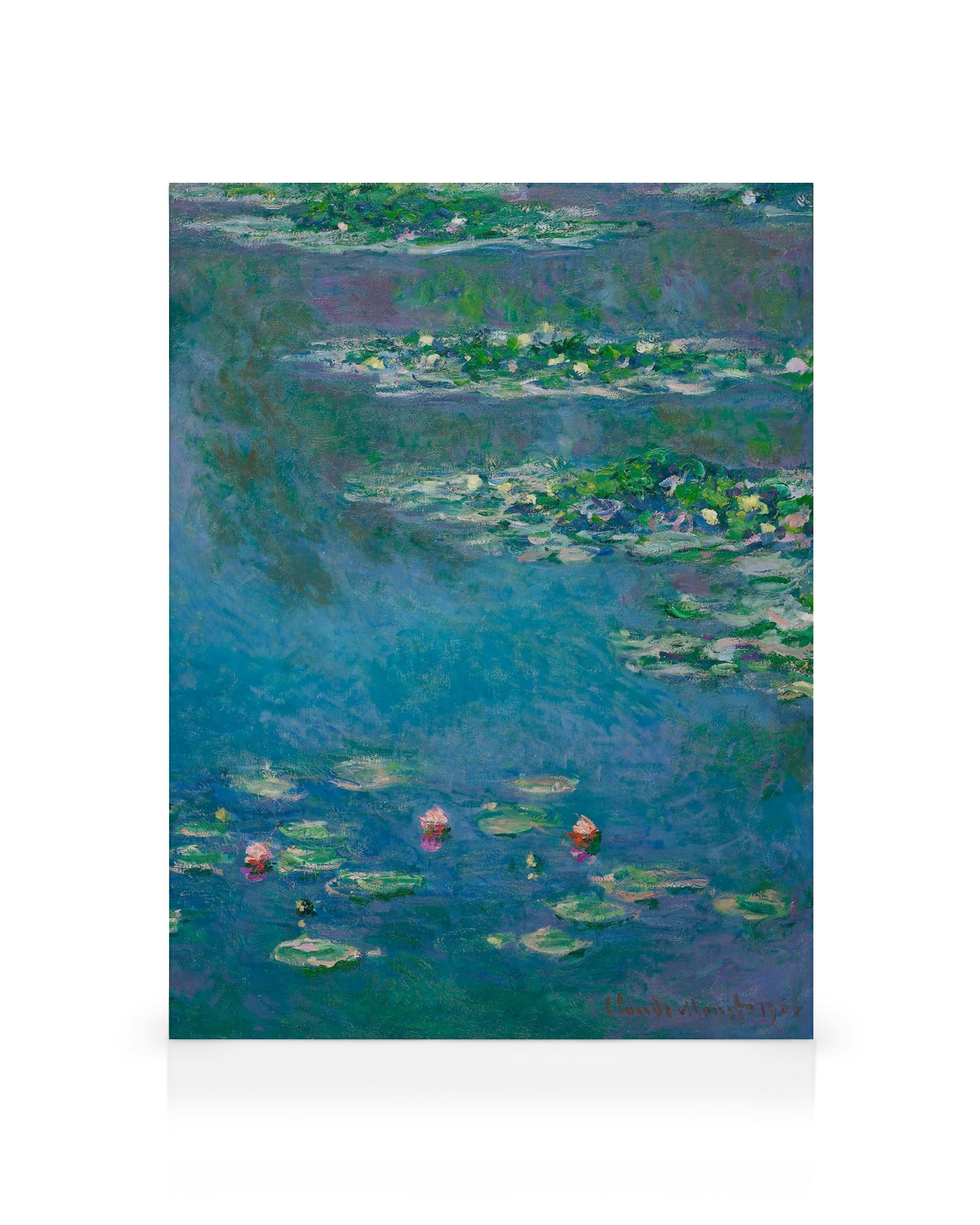 Dipinto Monet Ninfee, tonalità blu-verde, ninfee galleggianti, pennellate visibili, arte impressionista, pittura a olio, stampa 