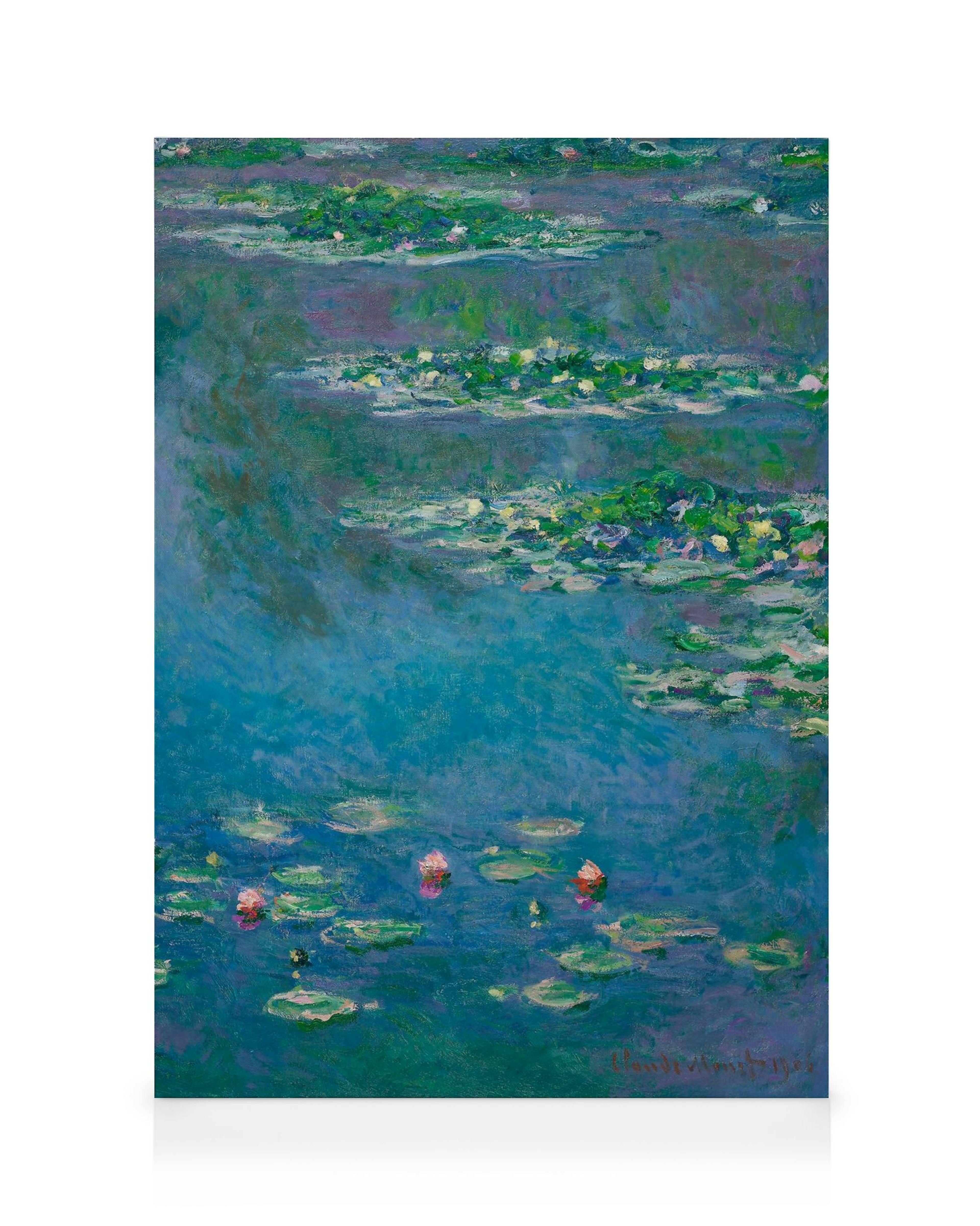 Monets Water Lilies canvas print, impressionistic blue and green pond with pink flowers and lily pads.