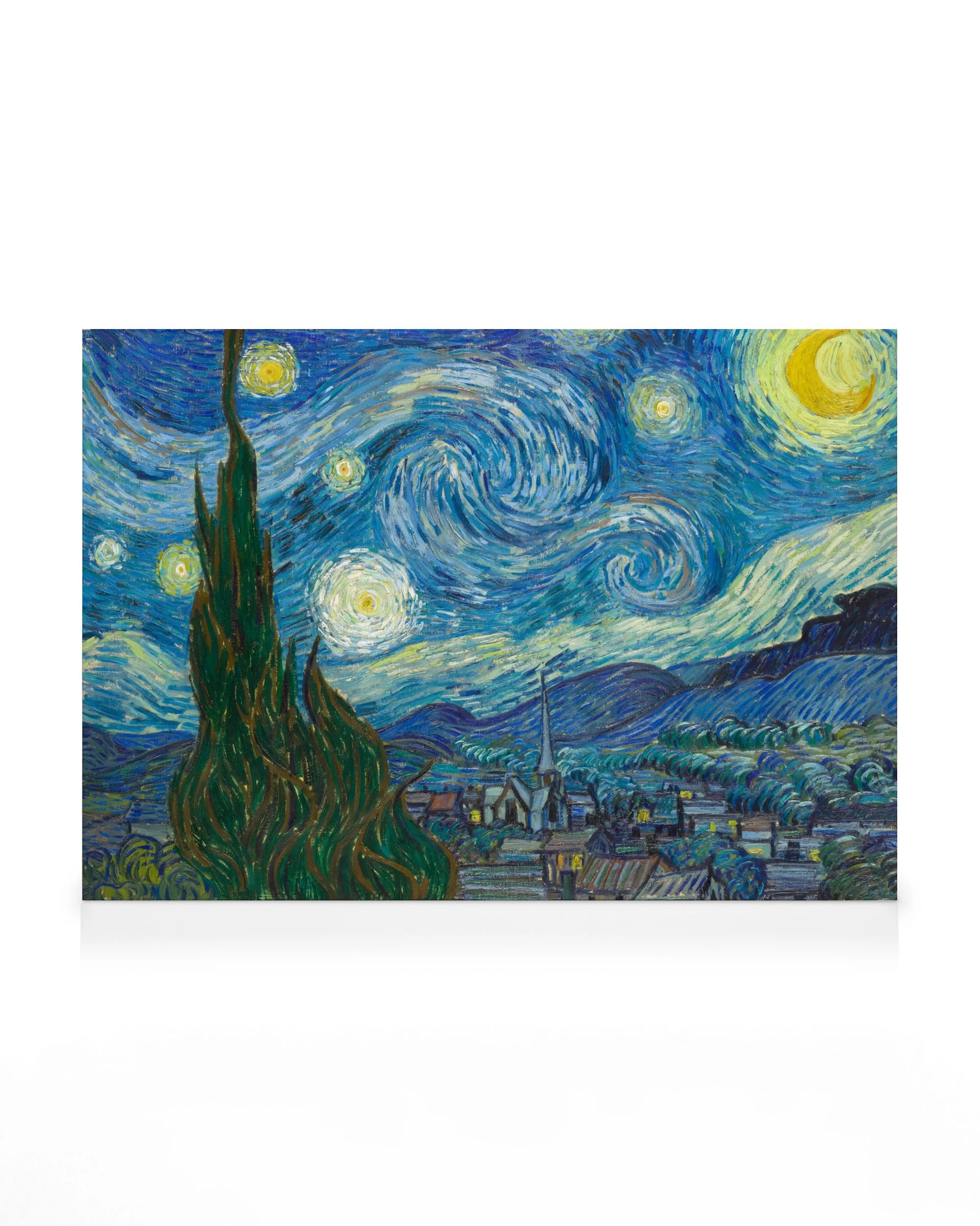 Van Goghs Starry Night canvas print, featuring a vibrant blue swirling sky with bright stars over a peaceful village.