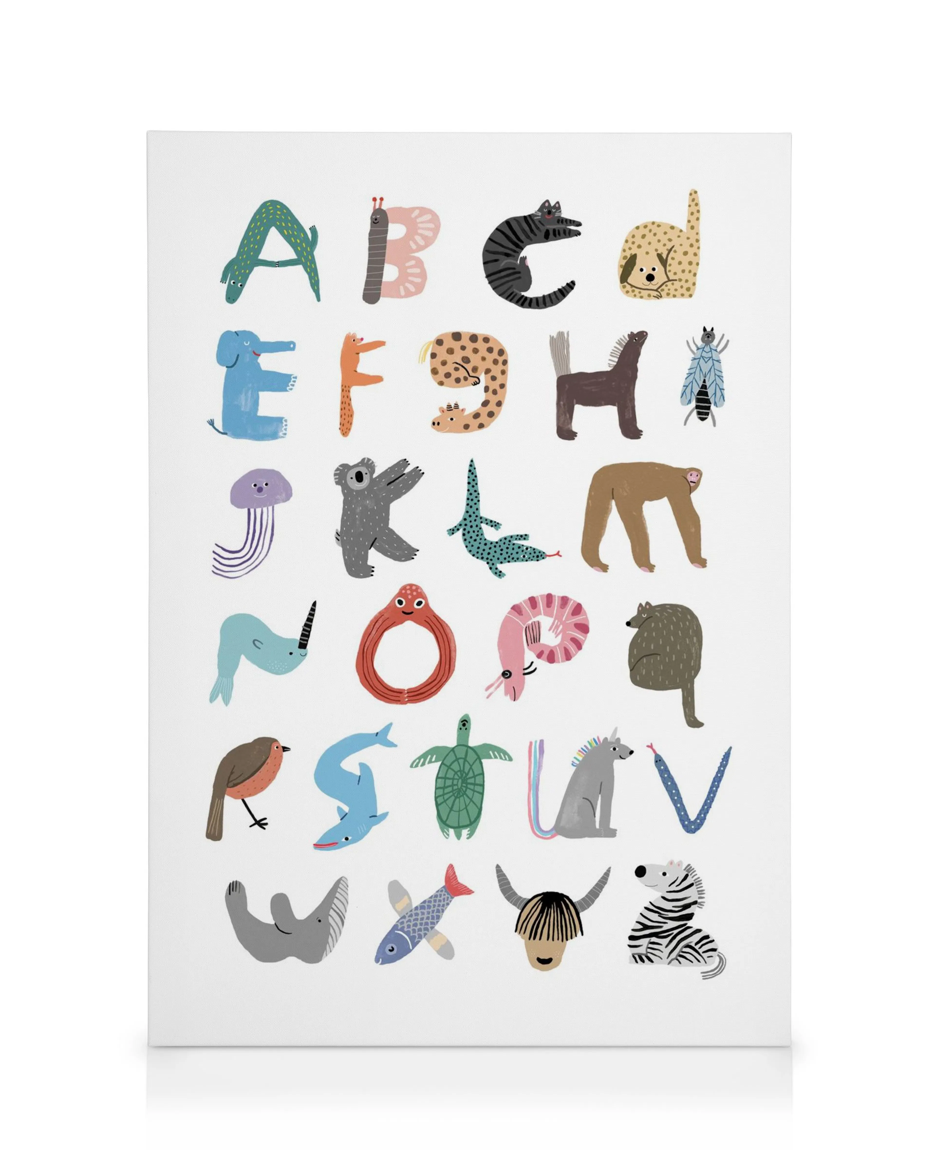 Lienzo del alfabeto de animales lindos de la A a la Z, con ilustraciones de dibujos animados en colores brillantes sobre un fond