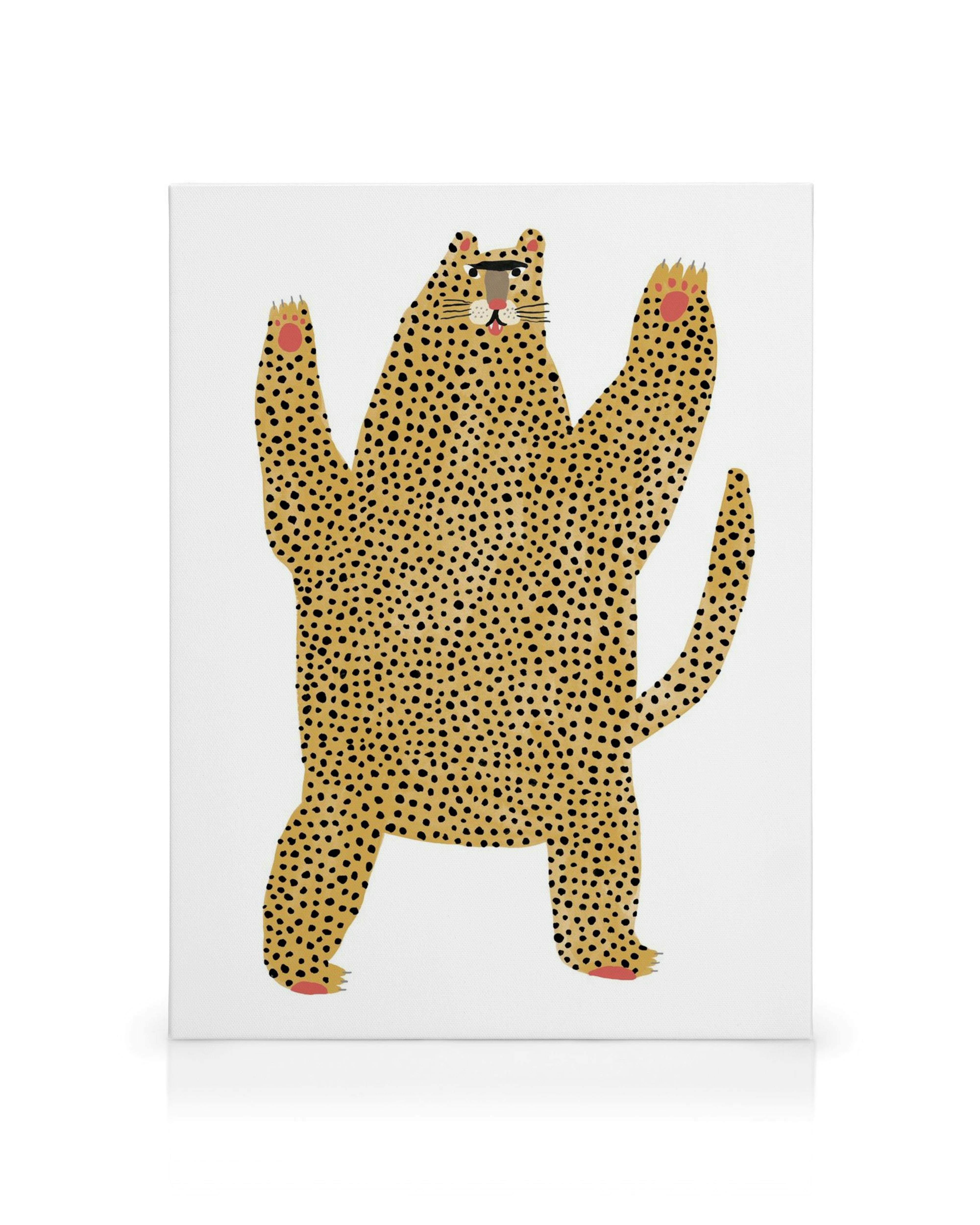 Illustrated tan cheetah with black spots standing upright, arms raised, on a white background. Cheerful animal art.