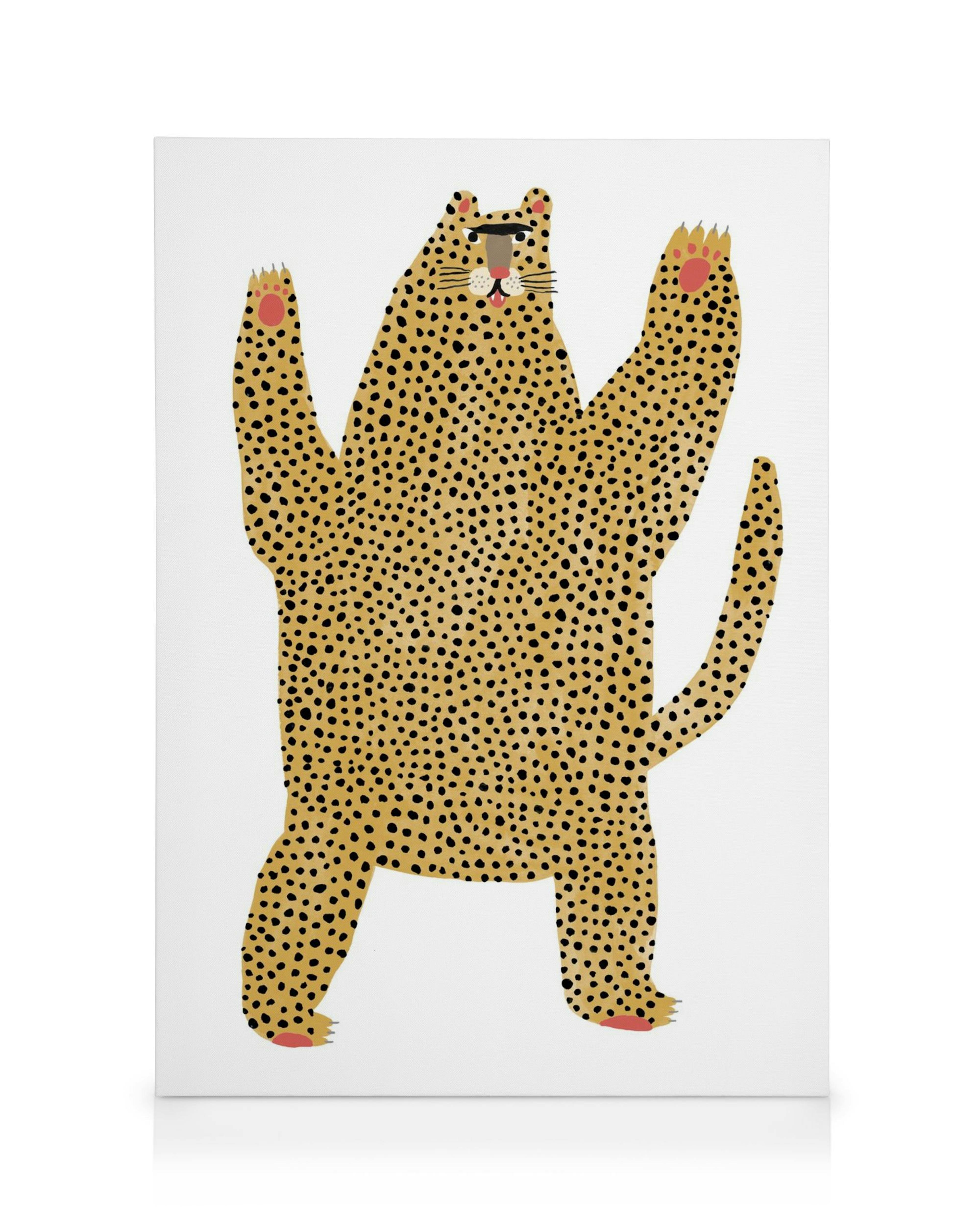 Gepardi Pal kanvaasi, jossa on tyylitelty gepardikuvio, mustia pilkkuja keltaisella pohjalla, vaaleanpunaiset tassut ja kuono.