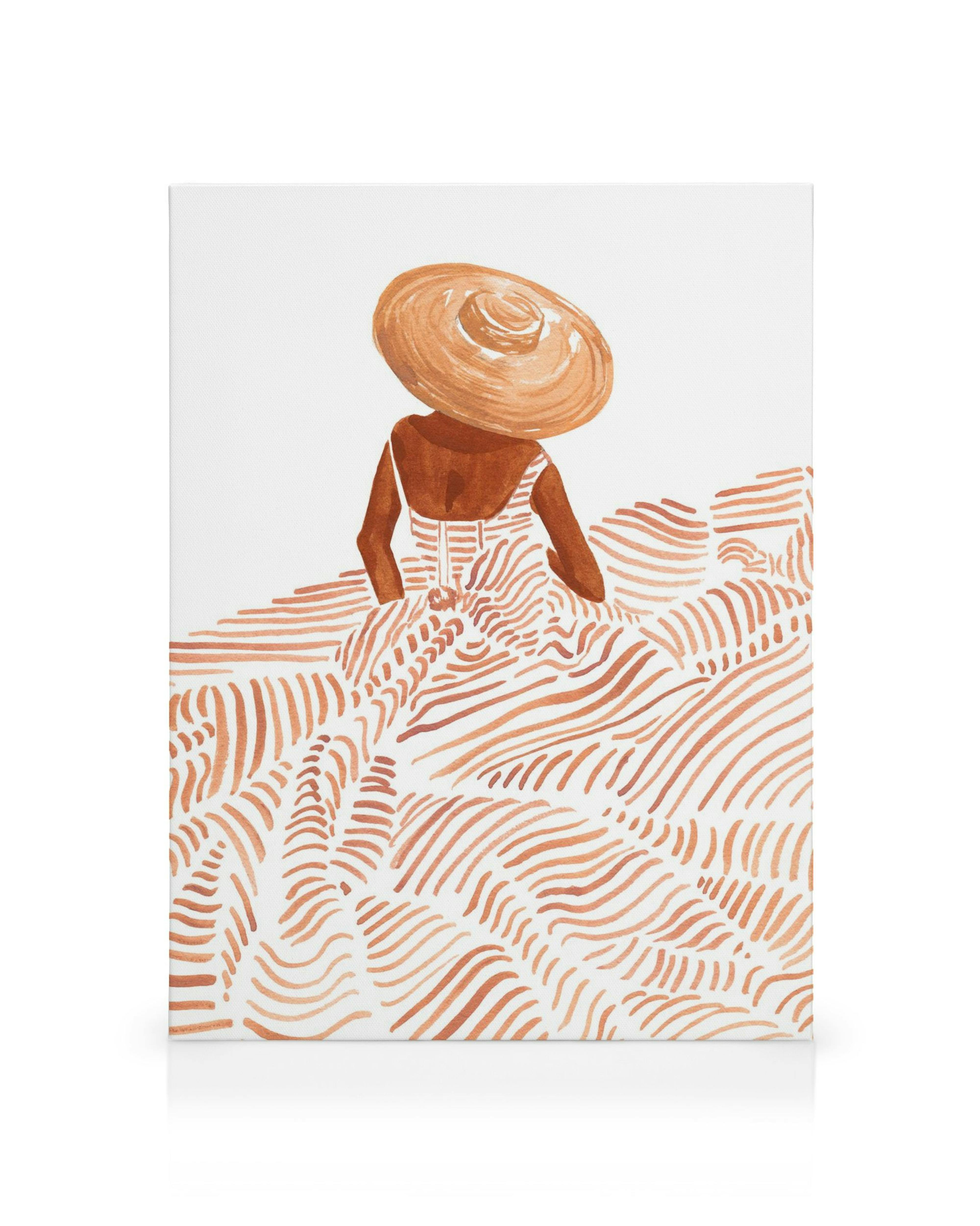 Toile de Madame Fleur, femme en chapeau et robe à motifs bruns sur fond blanc, dessin simple