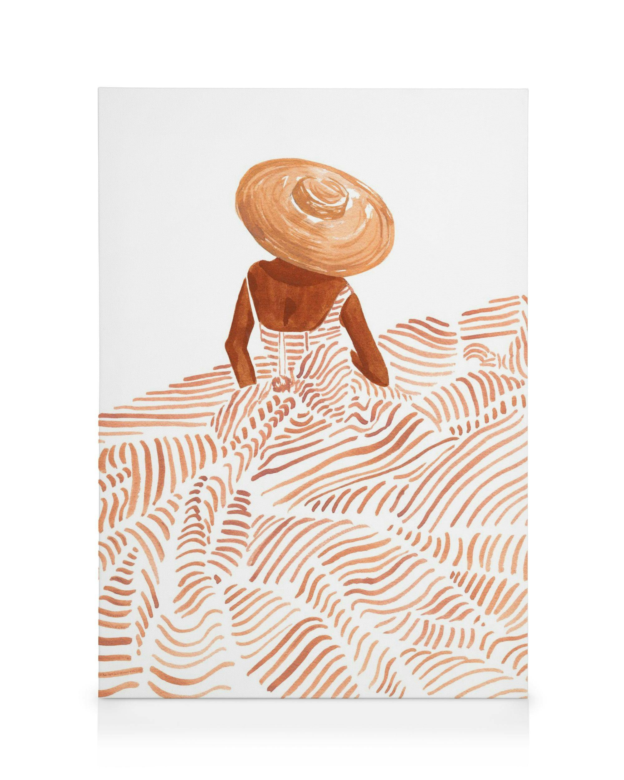 Sabina Fenn Madame Fleur canvas print, a woman in a wide-brimmed hat on patterned brown ground, white background