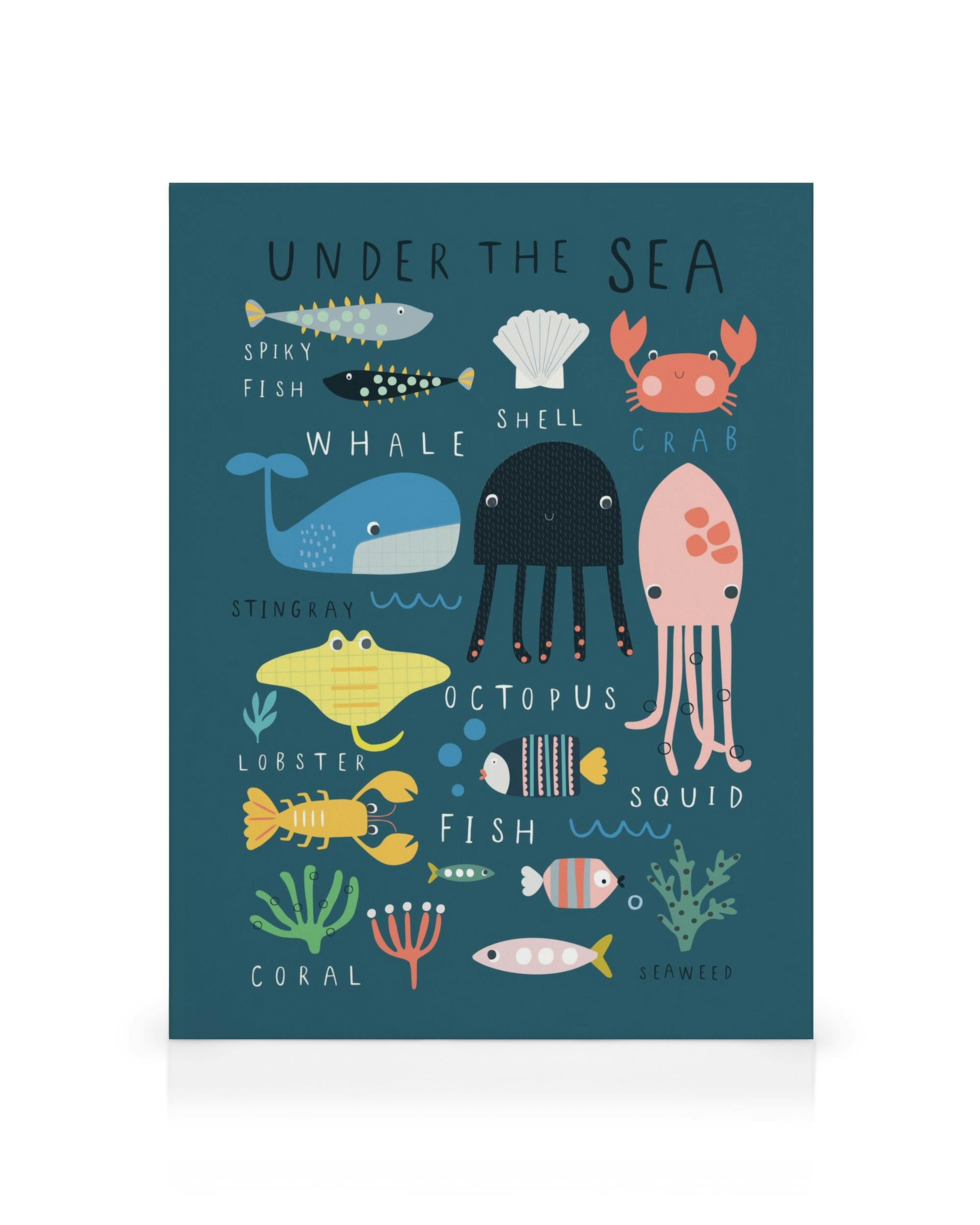 Merihenkinen kanvaasitaulu, jossa on piirrettyjä mereneläviä, kuten valas, rapu, mustekala, meduusa ja erilaisia kaloja, sekä ko