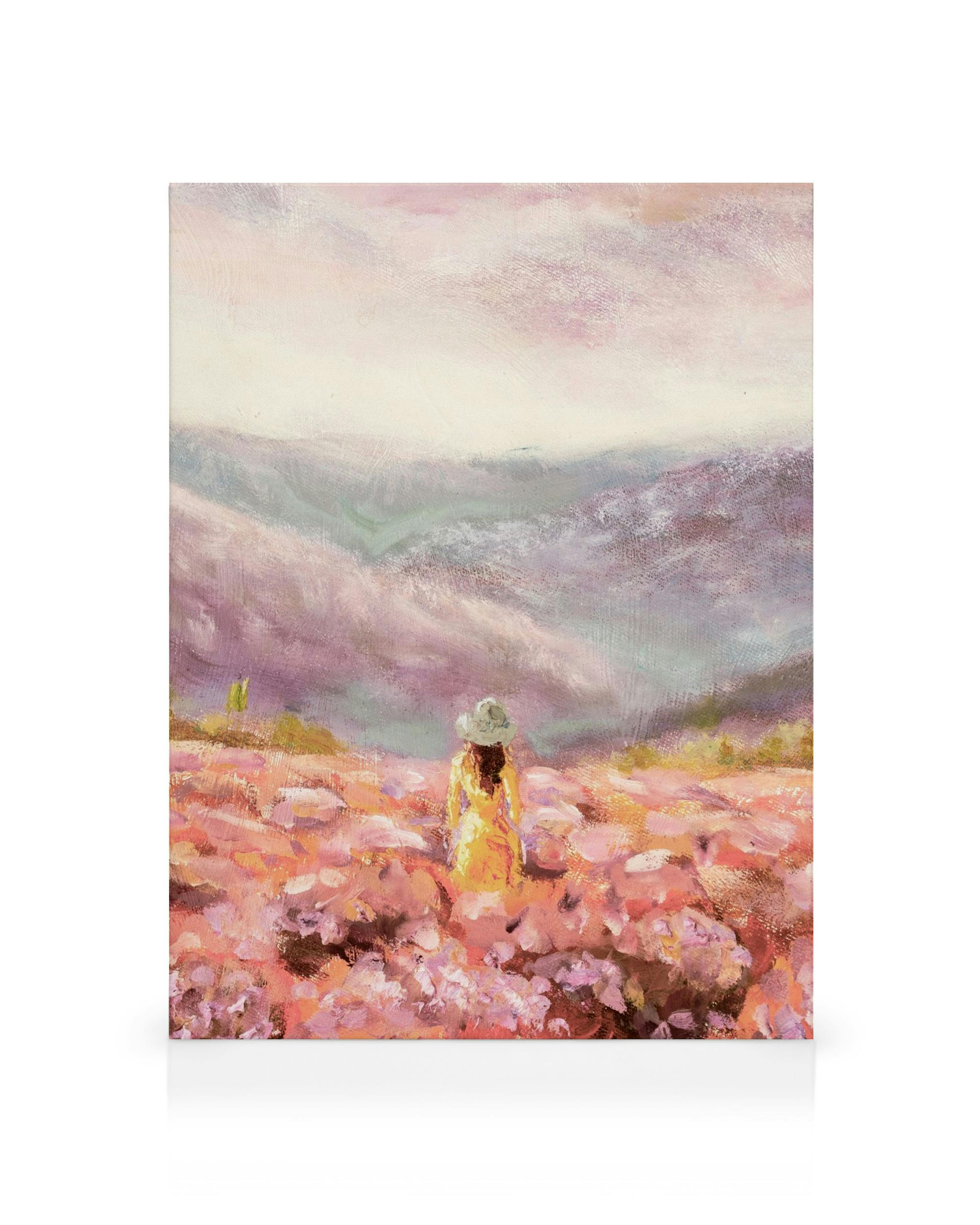 Impressionistic landscape canvas print of person in hat in field of pink flowers with mountains, purple sky.