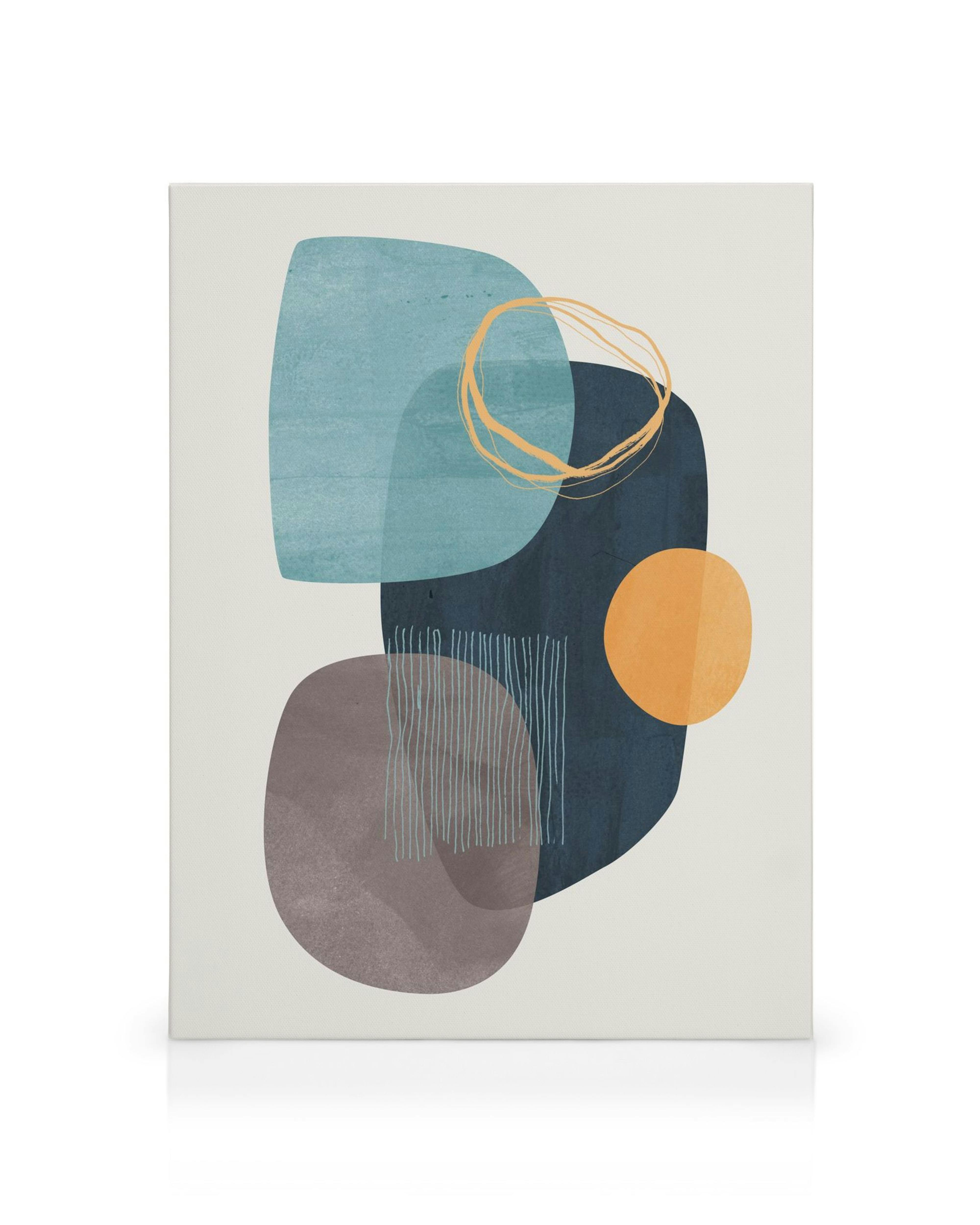 Toile abstraite avec des formes superposées bleues, beiges, oranges et jaunes sur fond blanc