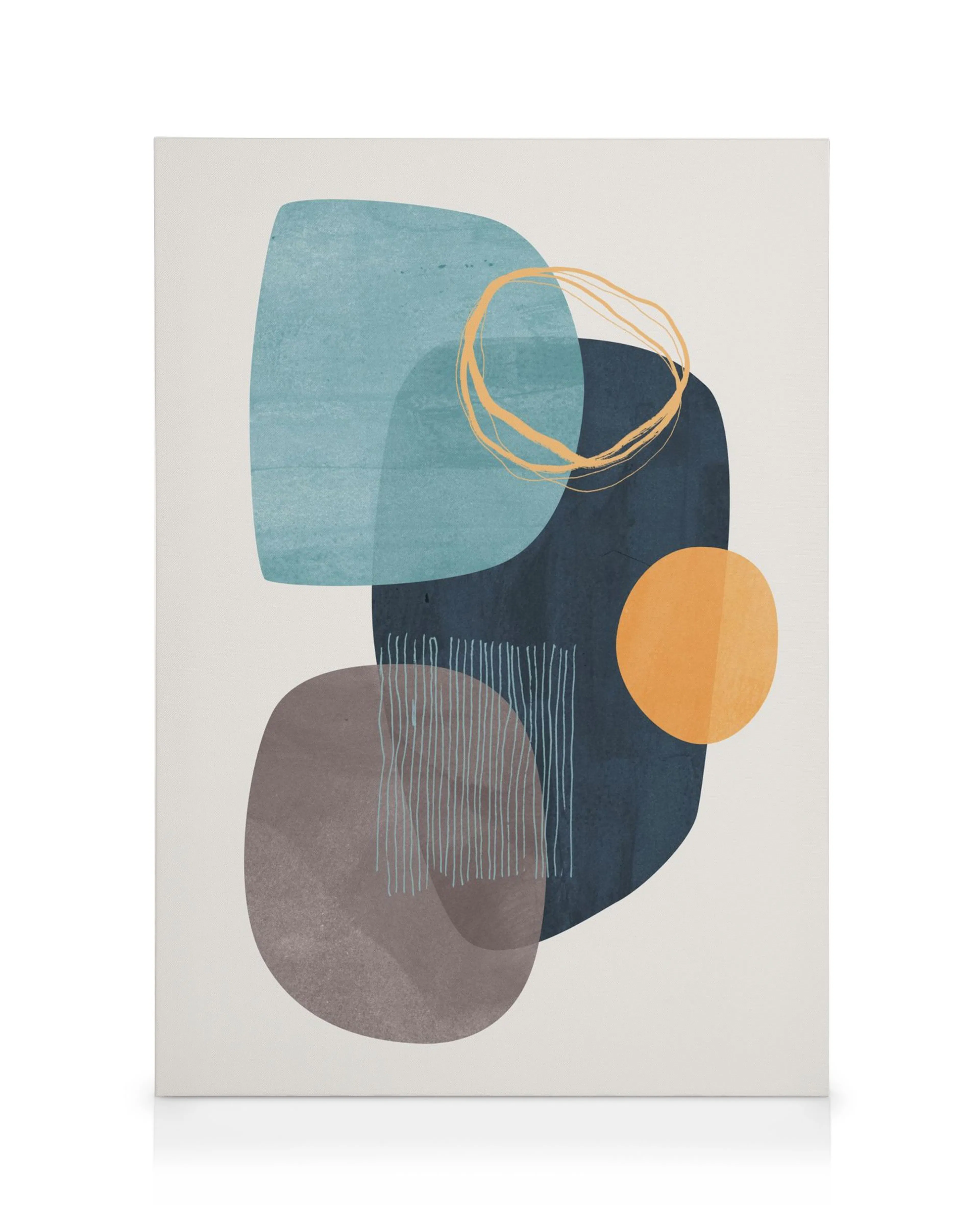 Abstracte canvas met overlappende vormen in blauw, bruin, oranje en geel op witte achtergrond.