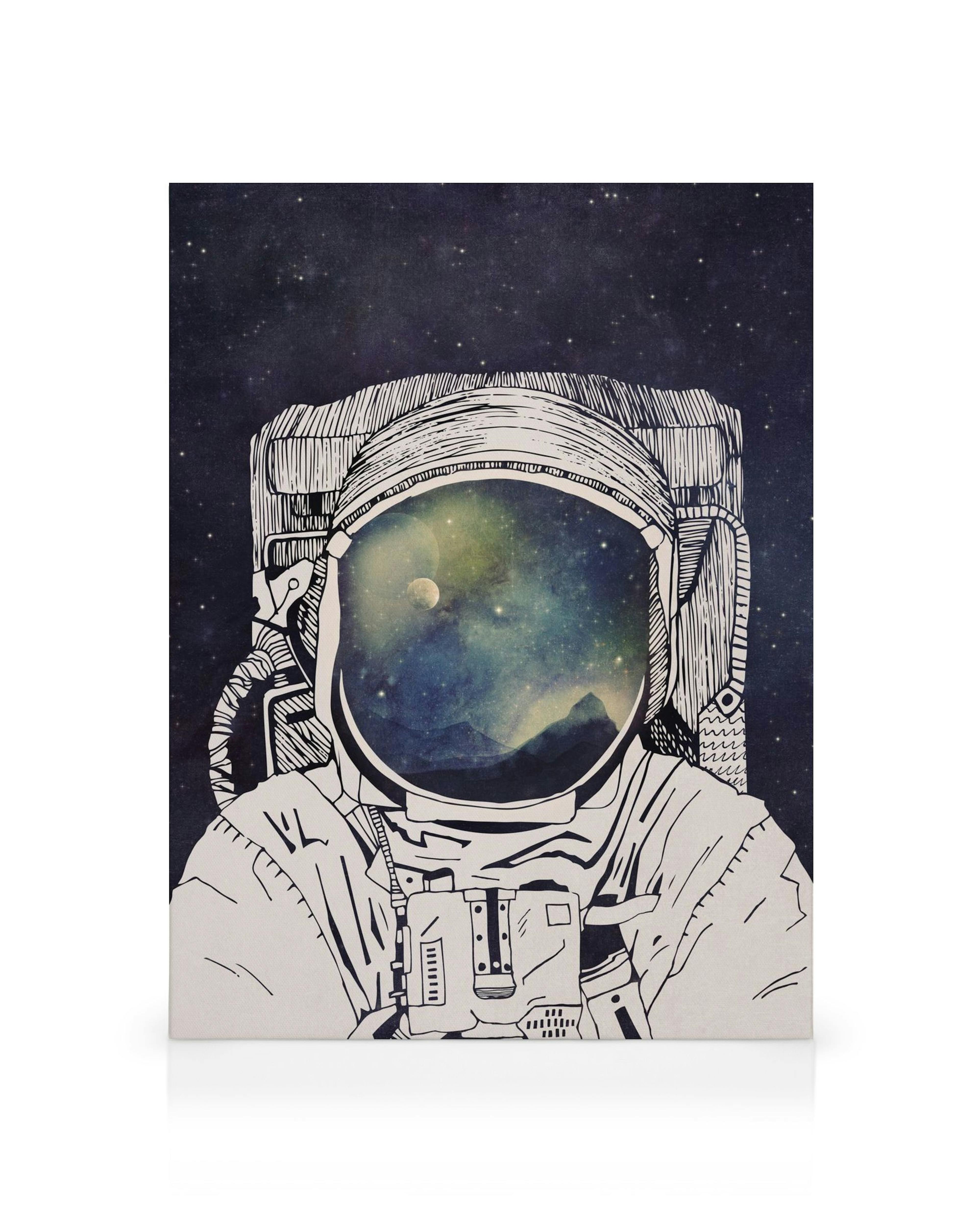 Astronaut canvas print with space helmet reflecting a moonlit galaxy and mountains, set against a star-filled background.
