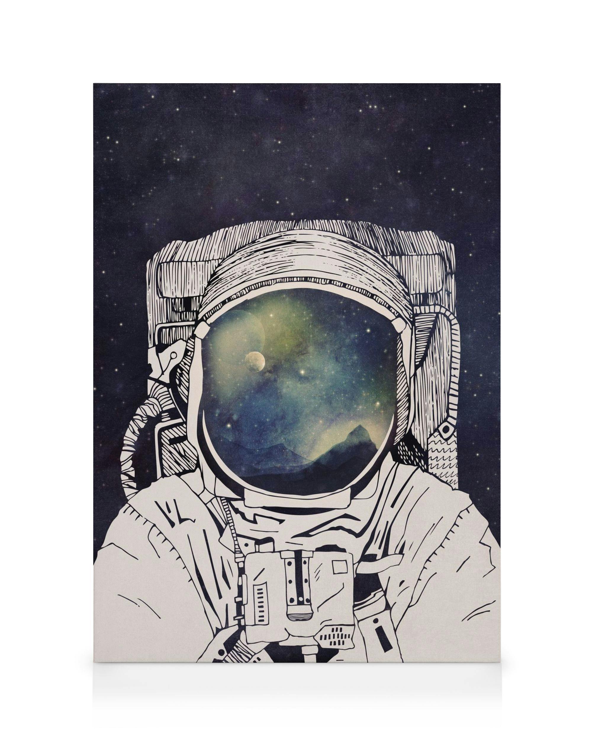 Lienzo de astronauta con casco que refleja el espacio, planetas y estrellas en tonos azul, verde y amarillo. Ideal para decoraci