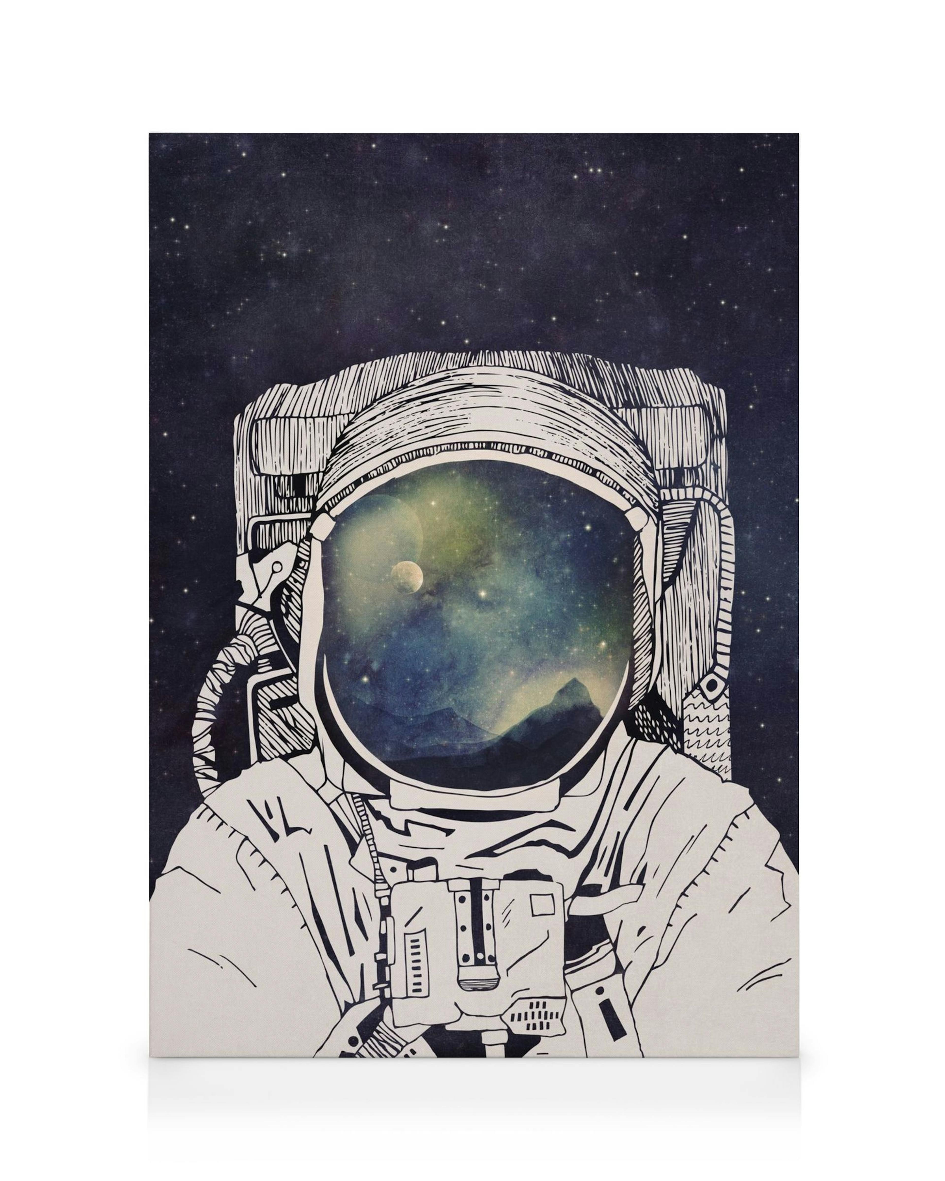 Lienzo de astronauta con casco que refleja el espacio, planetas y estrellas en tonos azul, verde y amarillo. Ideal para decoraci
