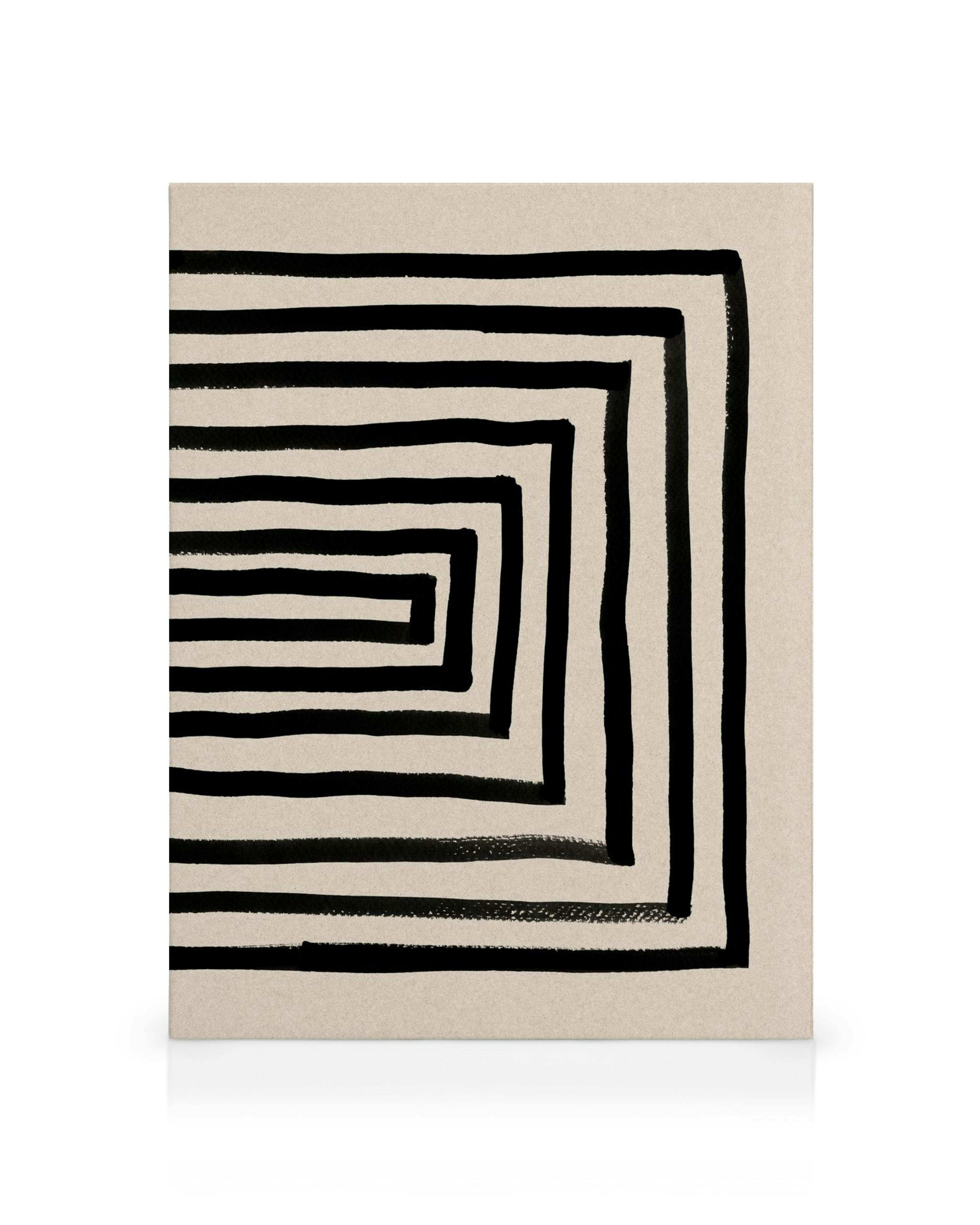 Japansk blæk kunst lærred, sorte rektangulære linjer danner et labyrintlignende mønster på en beige baggrund.