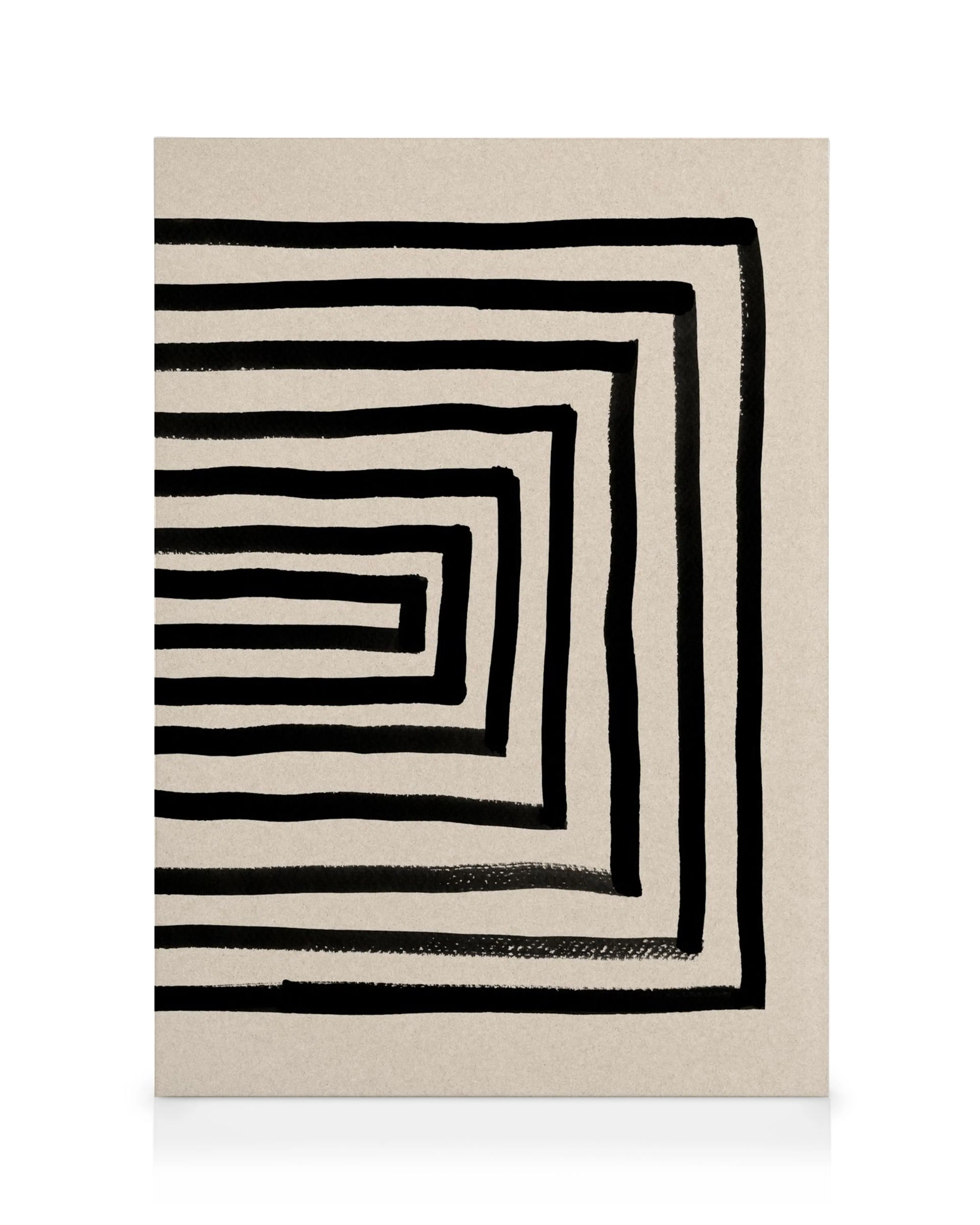 Japanisches Tusche-Leinwandbild, schwarze, dicke Linien bilden konzentrische Rechtecke auf hellem Hintergrund.