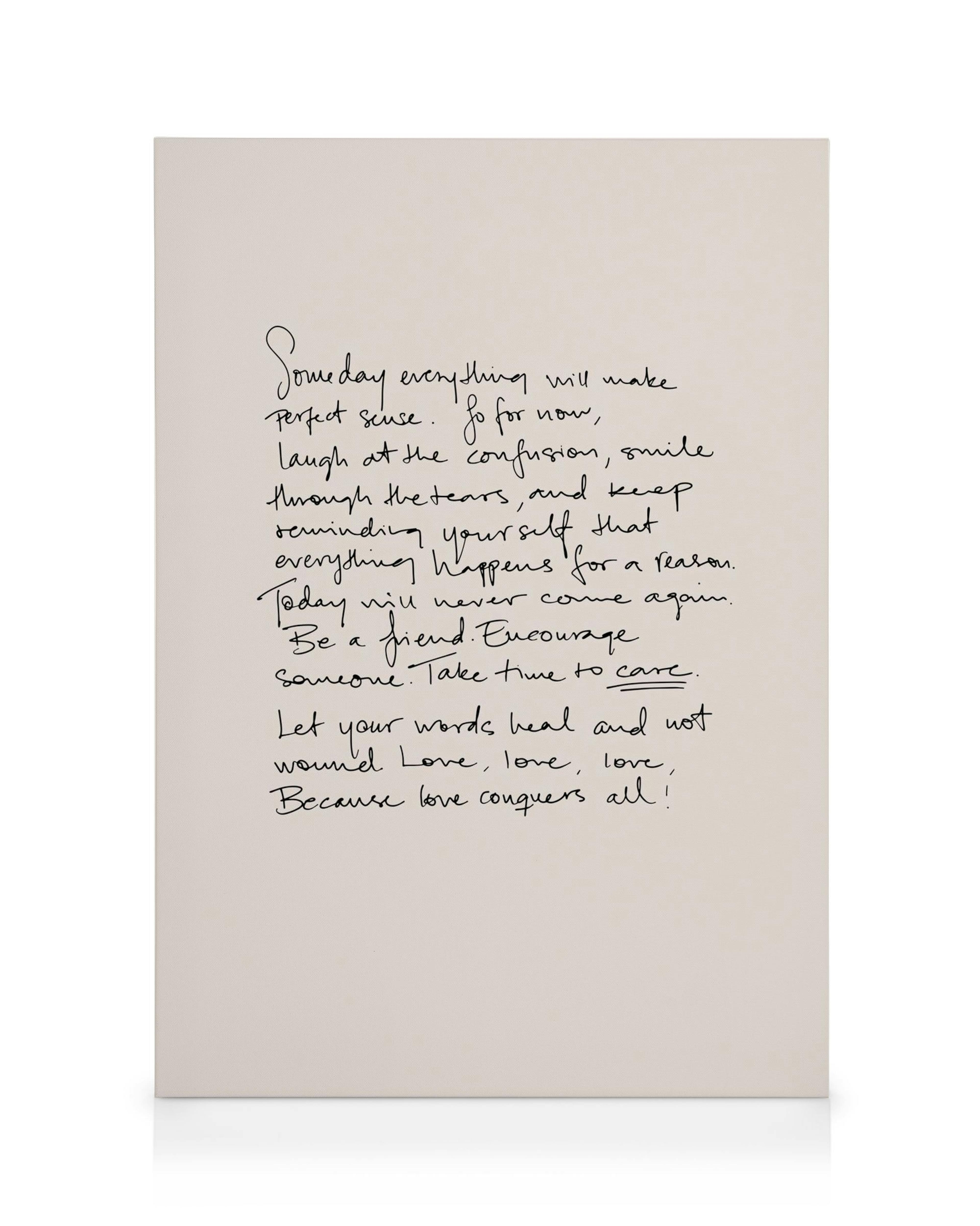 Plátno s citátom v čiernom rukopise na béžovom pozadí, inšpiratívny text o láske a odpustení.