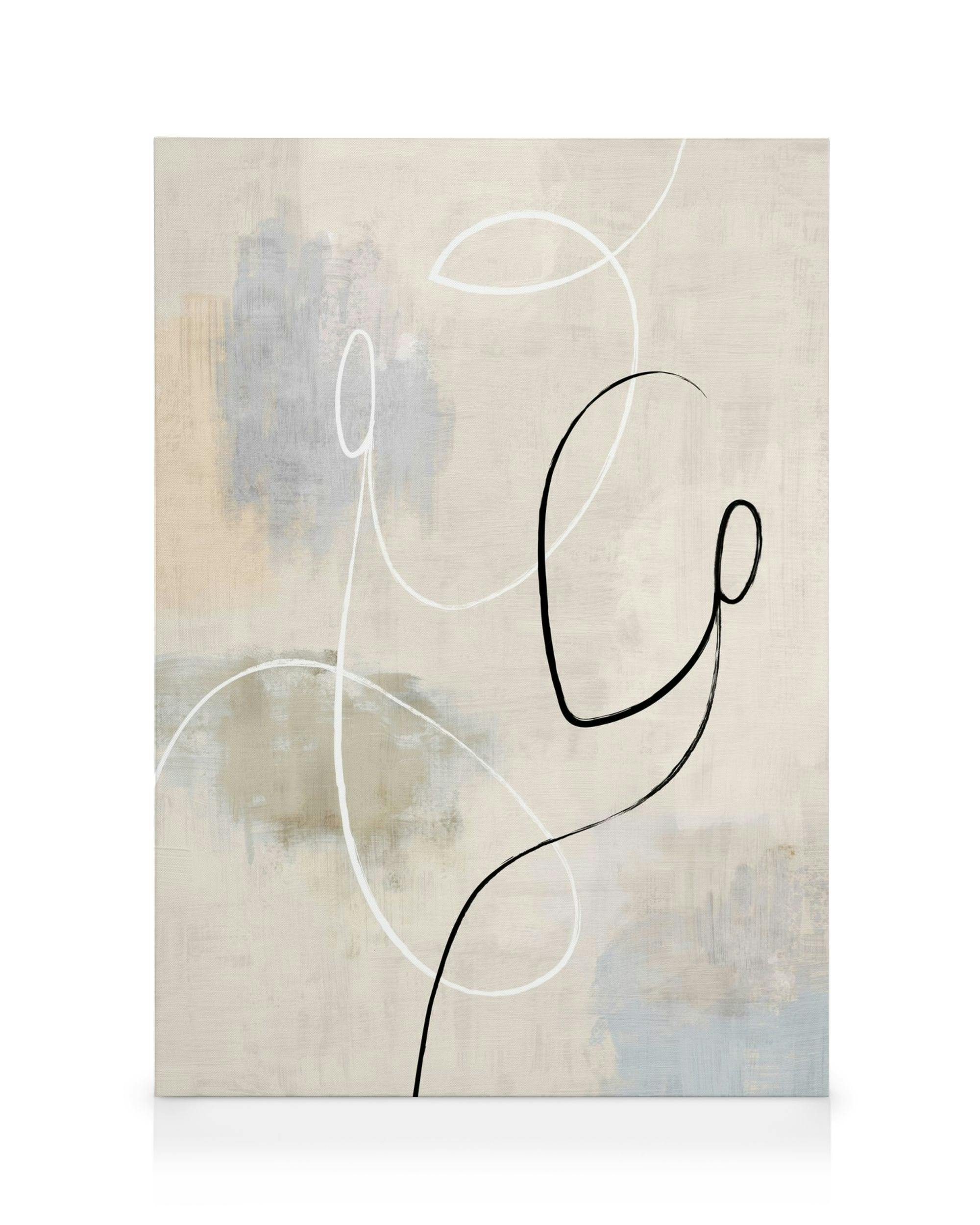 Stampa su tela astratta con sfondo beige, macchie grigie/blu e linee ondulate bianche/nere.