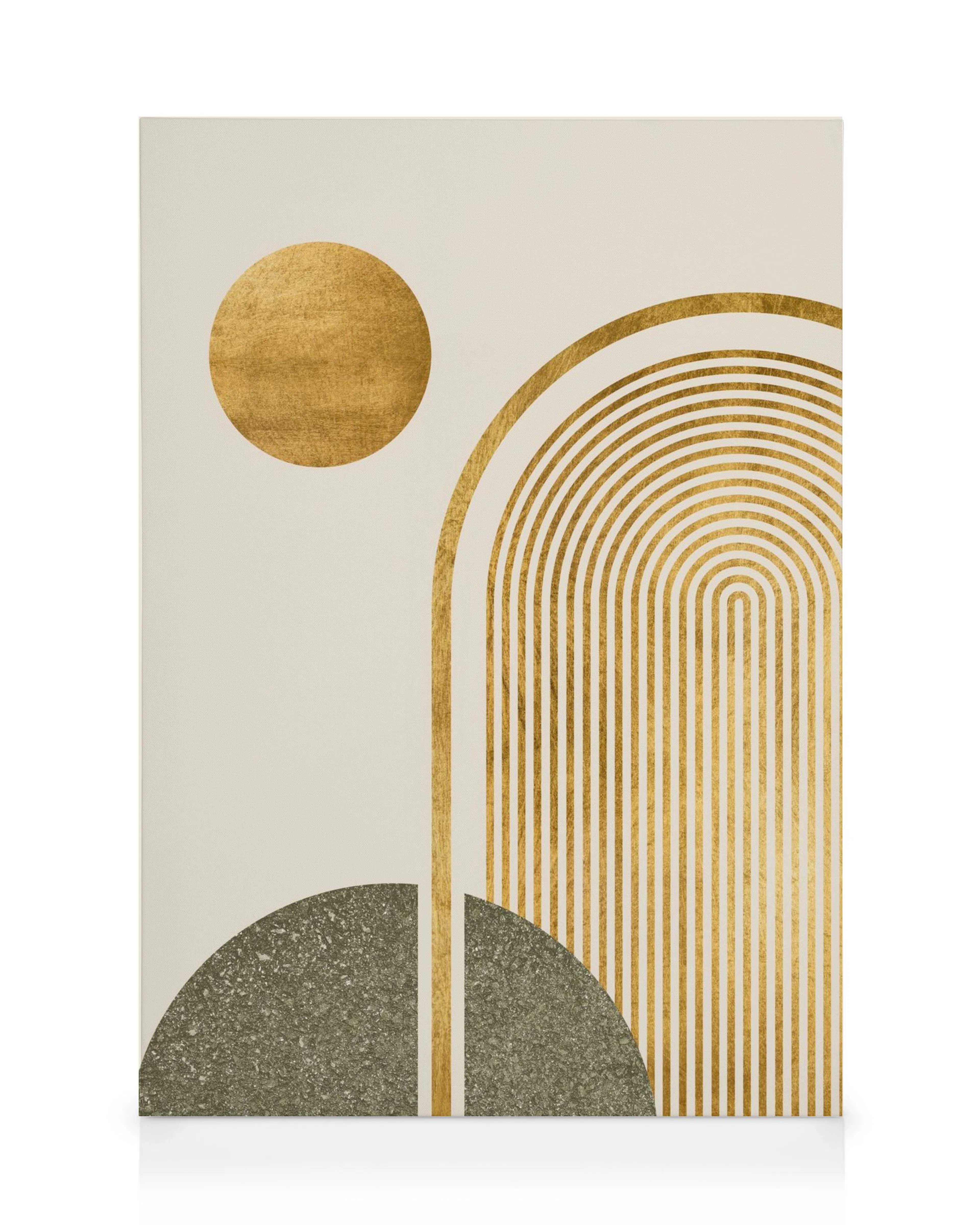 Tela abstrata com arcos dourados, círculo flutuante dourado e semicírculos cinzentos em fundo creme. Arte de parede moderna.