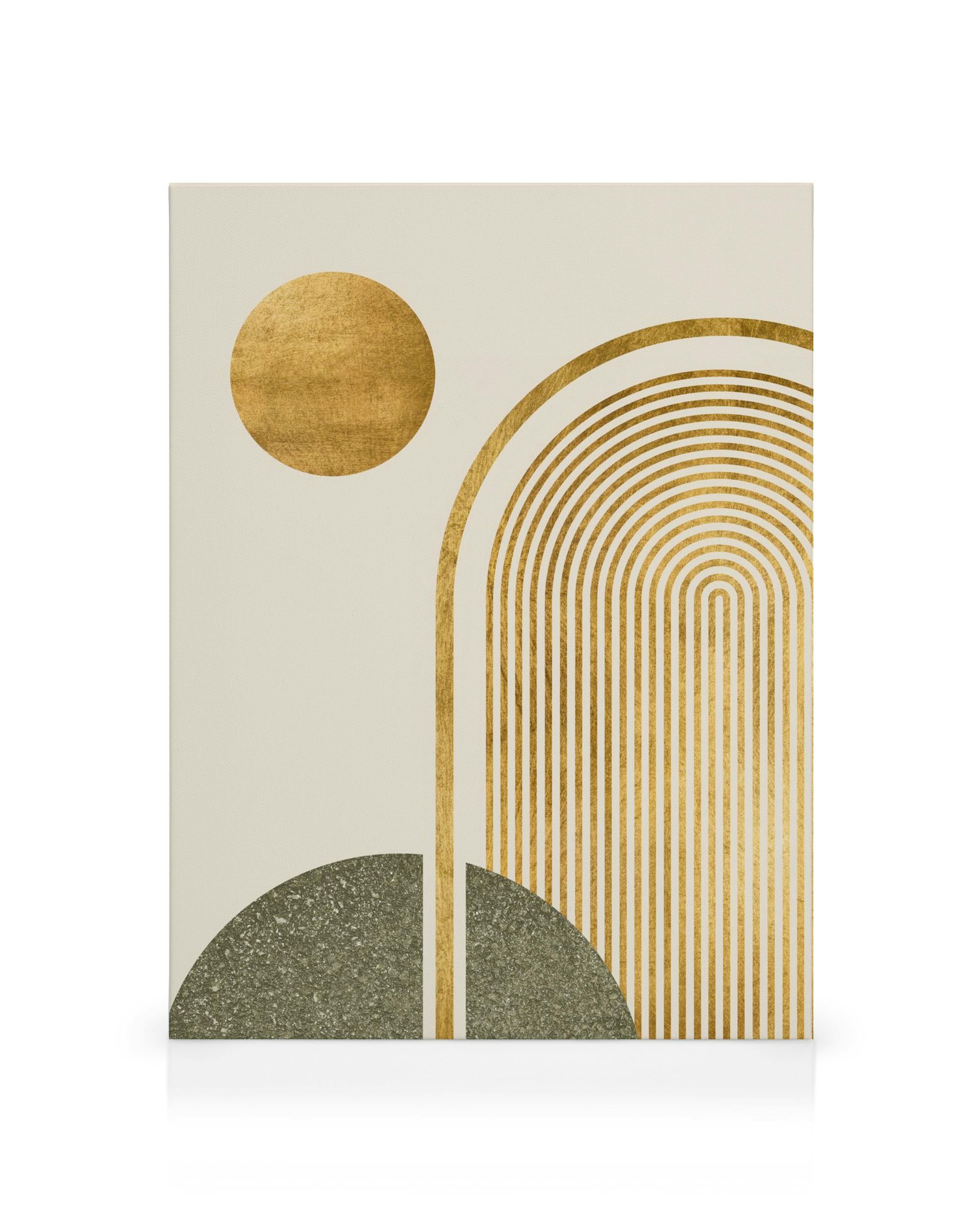 Toile abstraite avec arches dorées, cercle flottant et demi-cercles gris sur fond crème