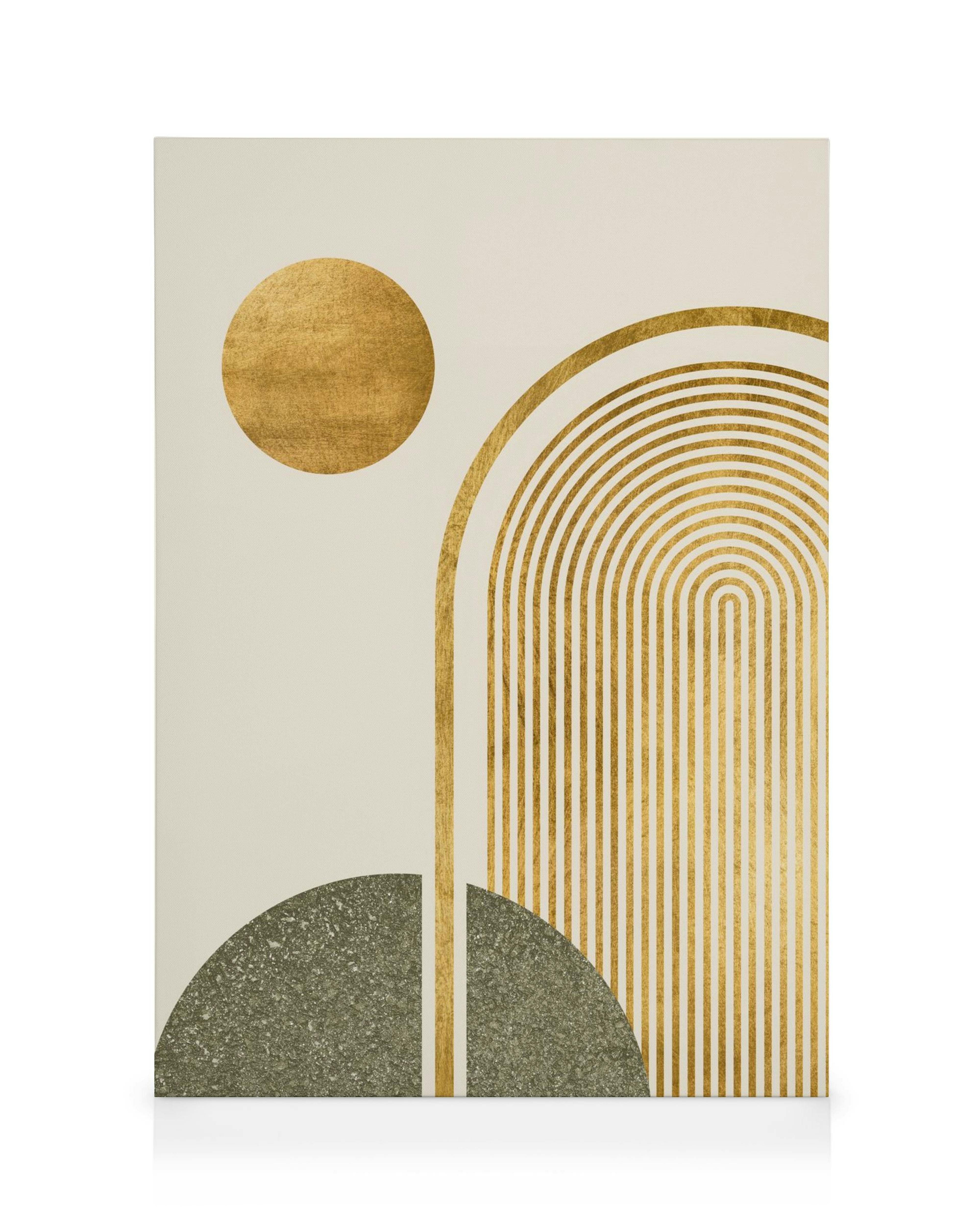 Tela abstrata com arcos dourados, círculo flutuante dourado e semicírculos cinzentos em fundo creme. Arte de parede moderna.