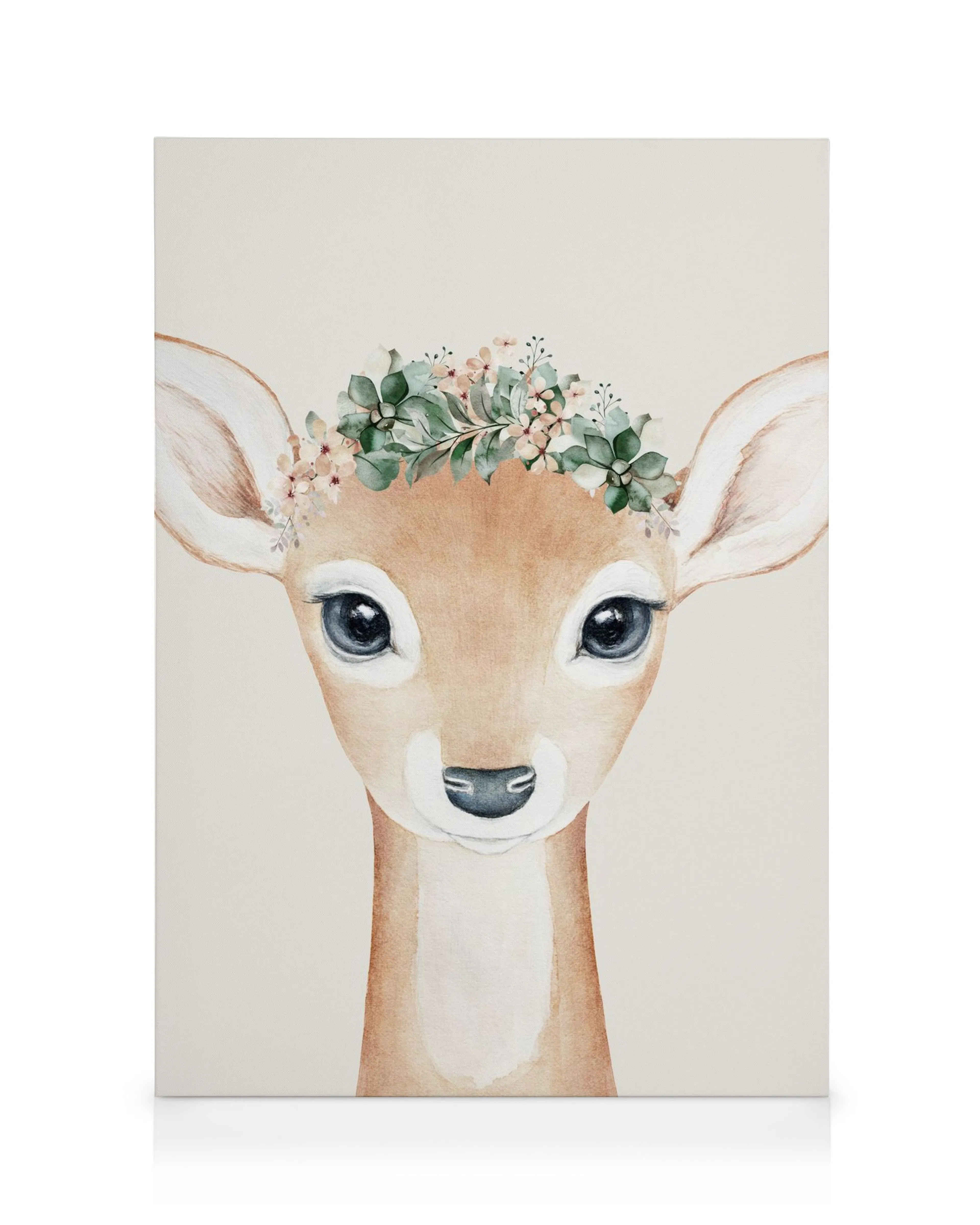 Leinwandbild mit niedlichem Rehkitz und Blumenkranz, Aquarell-Illustration, ideales Kinderzimmer-Wandbild.