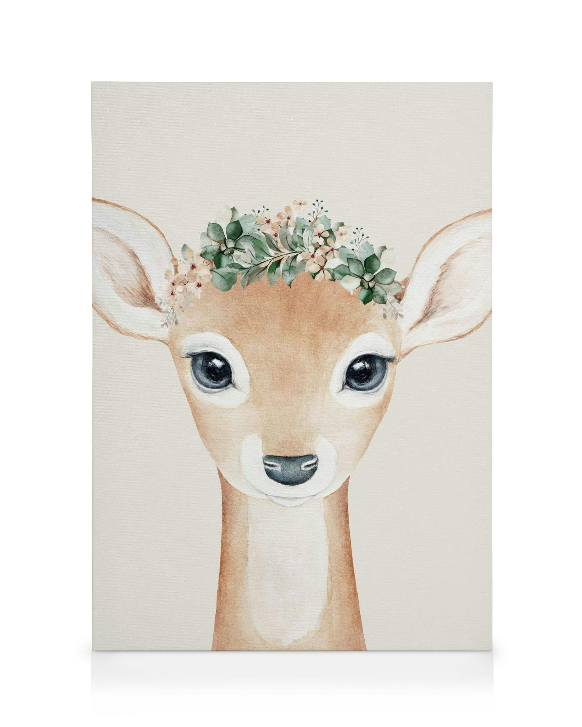 Toile de cerf mignon avec couronne florale, typographie douce en tons de vert, marron, beige et gris