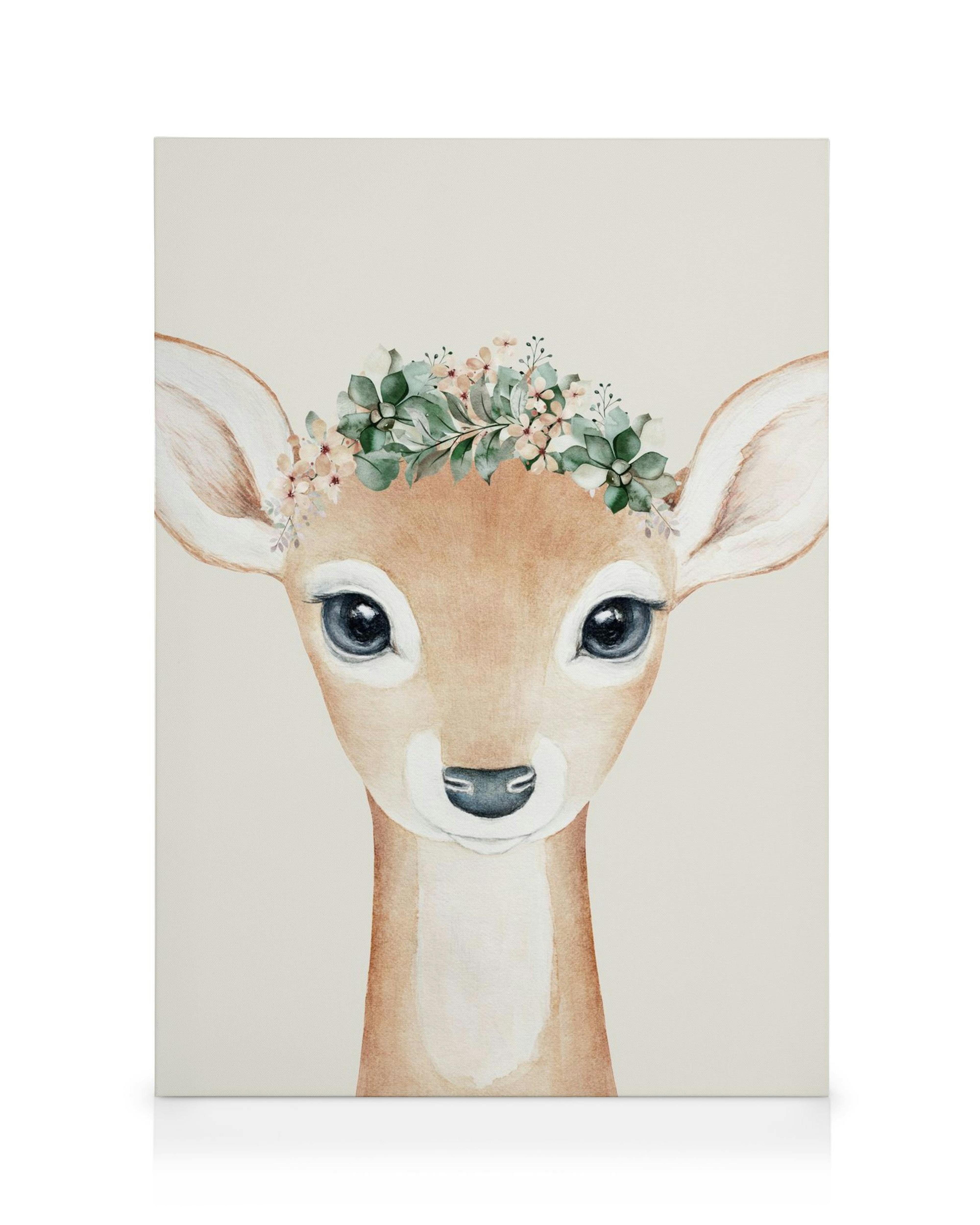 Toile de cerf mignon avec couronne florale, typographie douce en tons de vert, marron, beige et gris