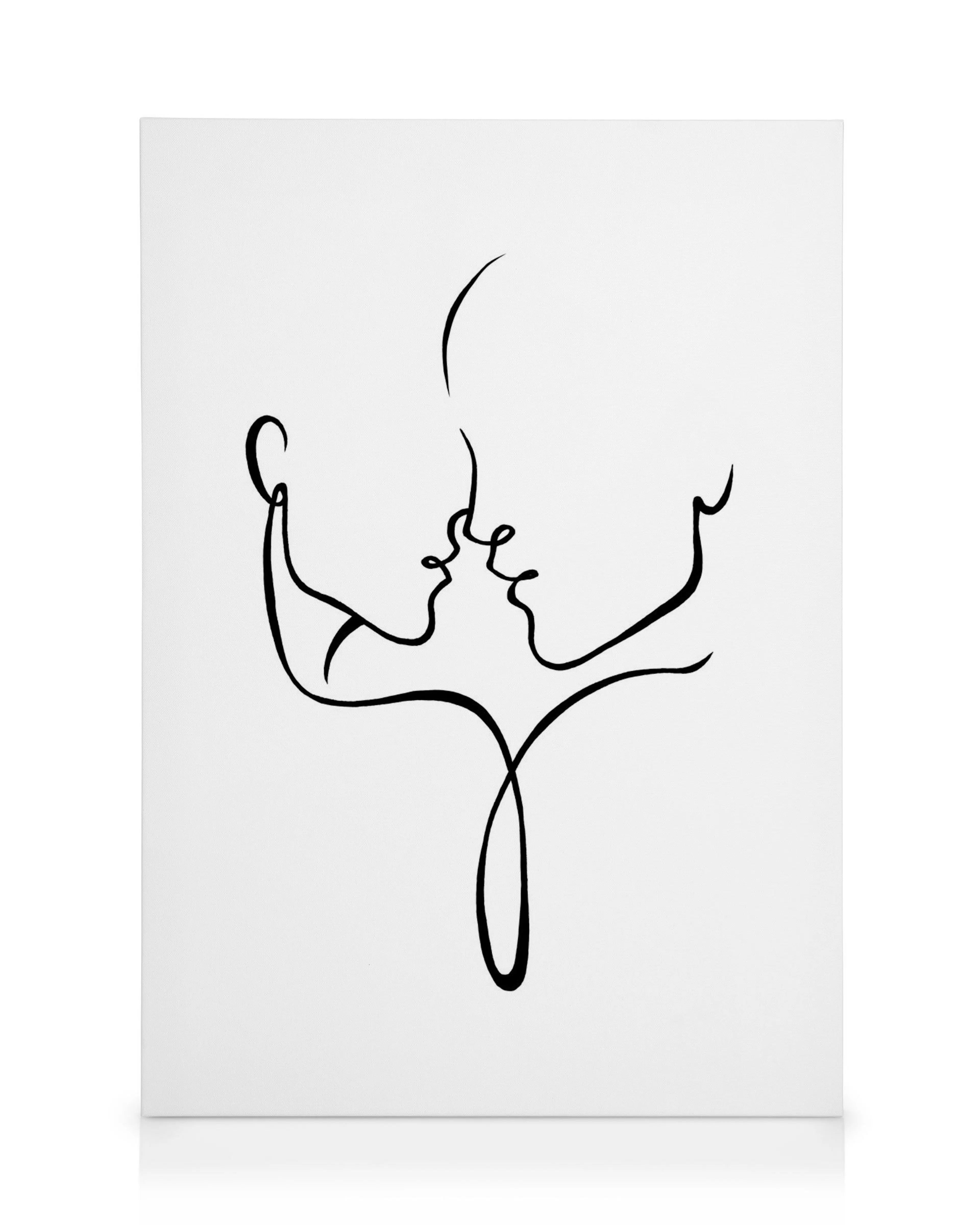 Stampa su tela minimalista di due volti astratti in linee nere su sfondo bianco, che si avvicinano per un bacio.