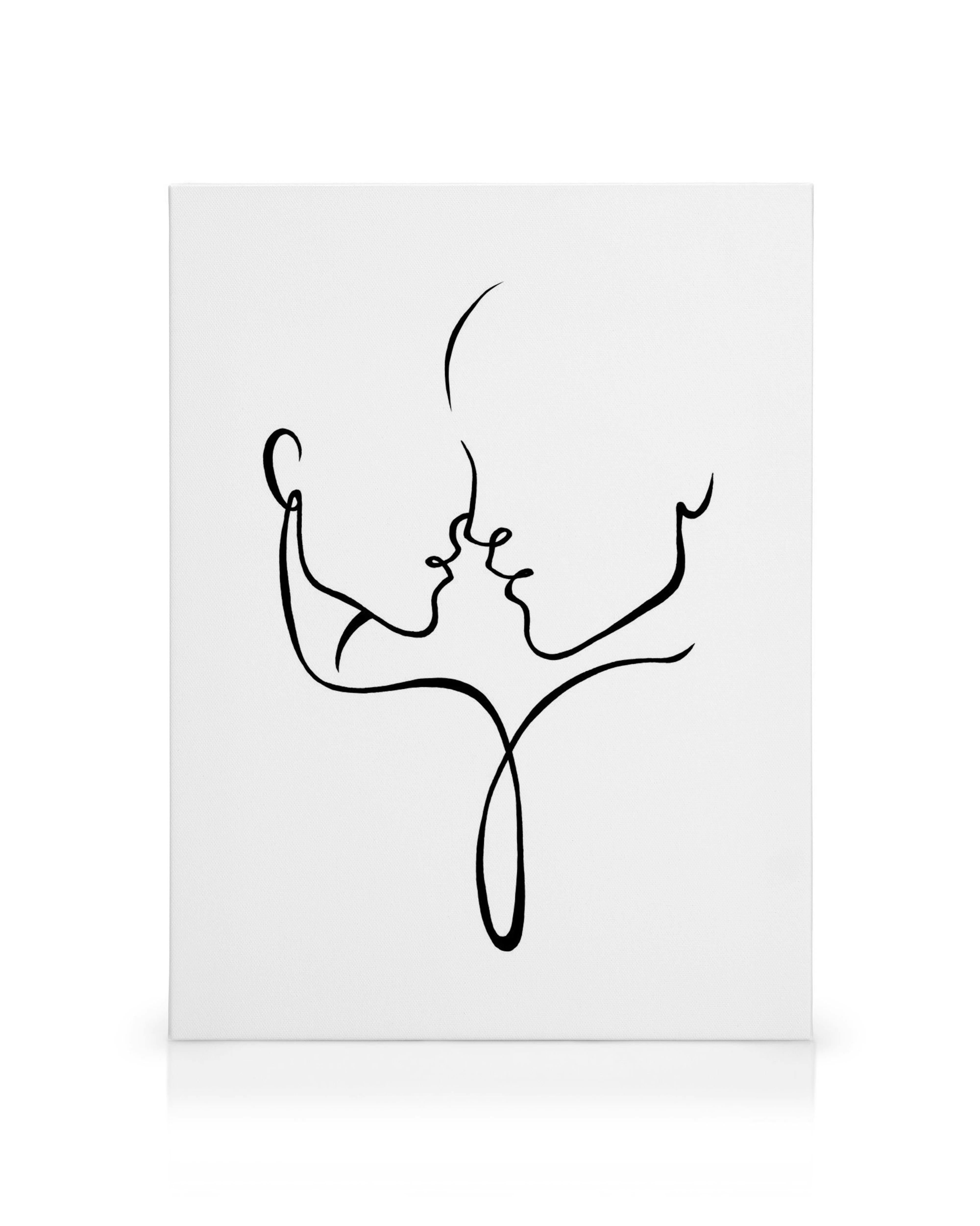 Obraz na plátně s minimalistickou kresbou dvou tváří v profilu, z nichž se tvoří srdce, symbolizující lásku a blízkost.