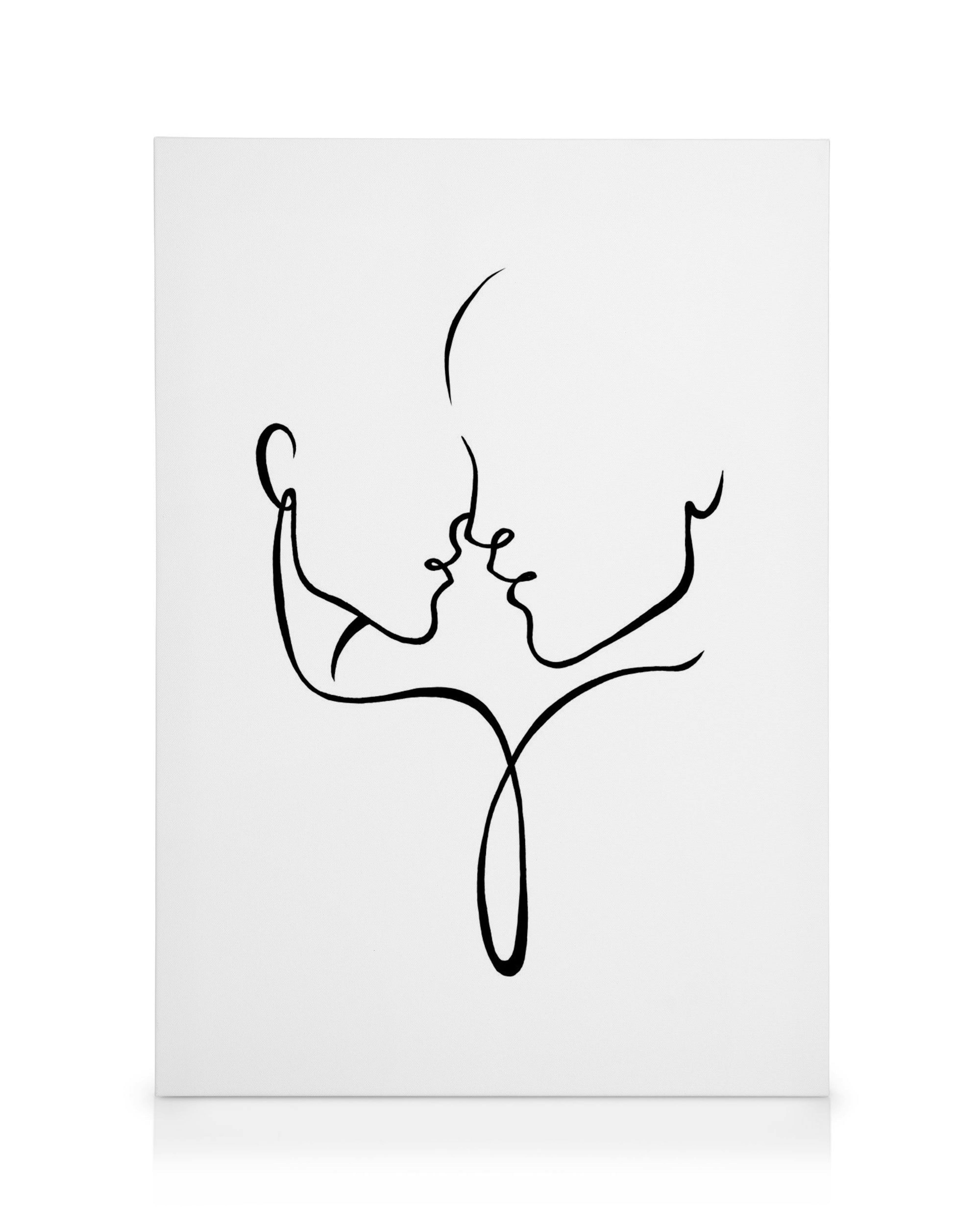 Abstract canvas print of two faces in a continuous line art style, almost kissing. Minimalist black and white art.