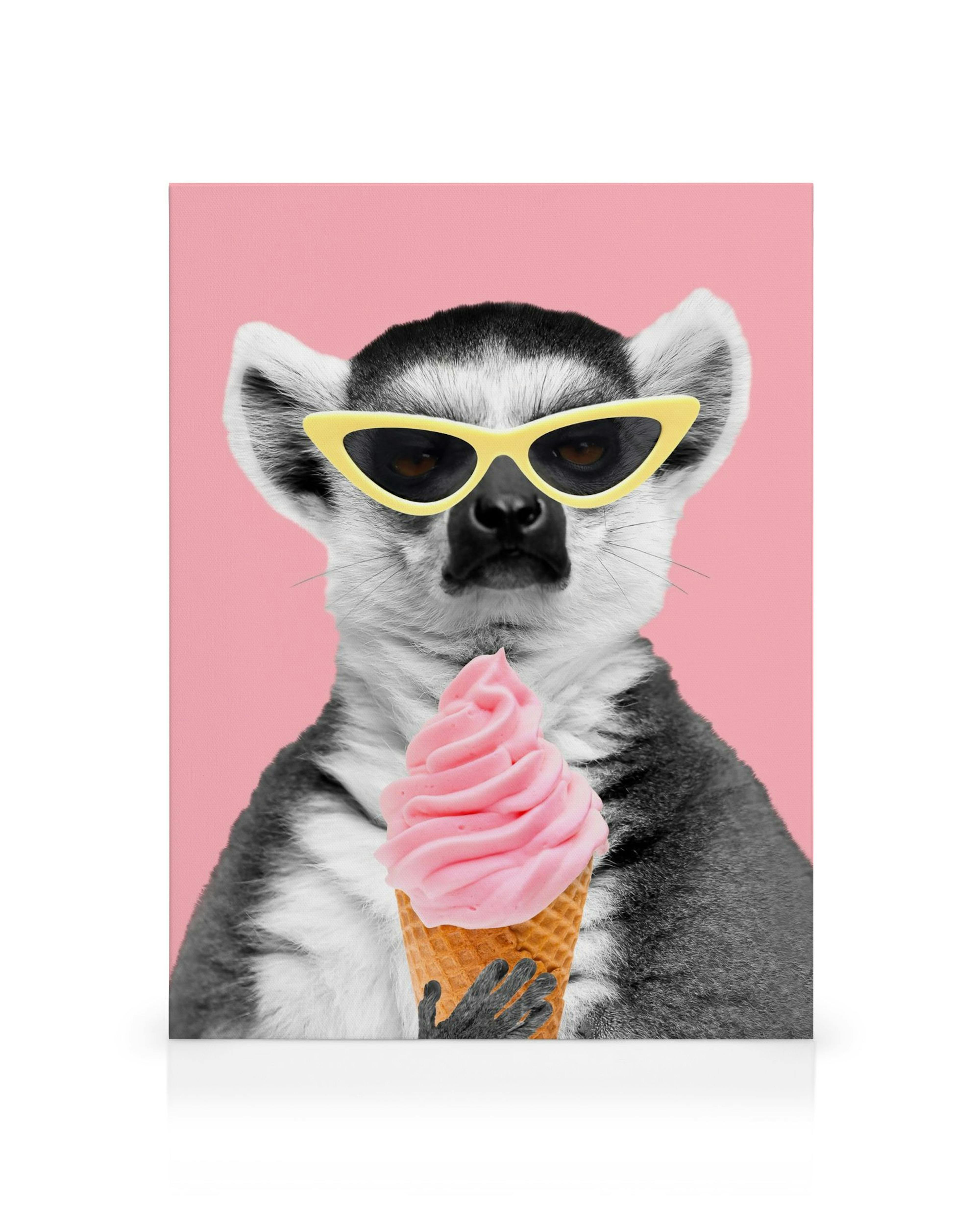 Monochromatic lemur in yellow cat-eye sunglasses holding a pink ice cream cone against a pink background