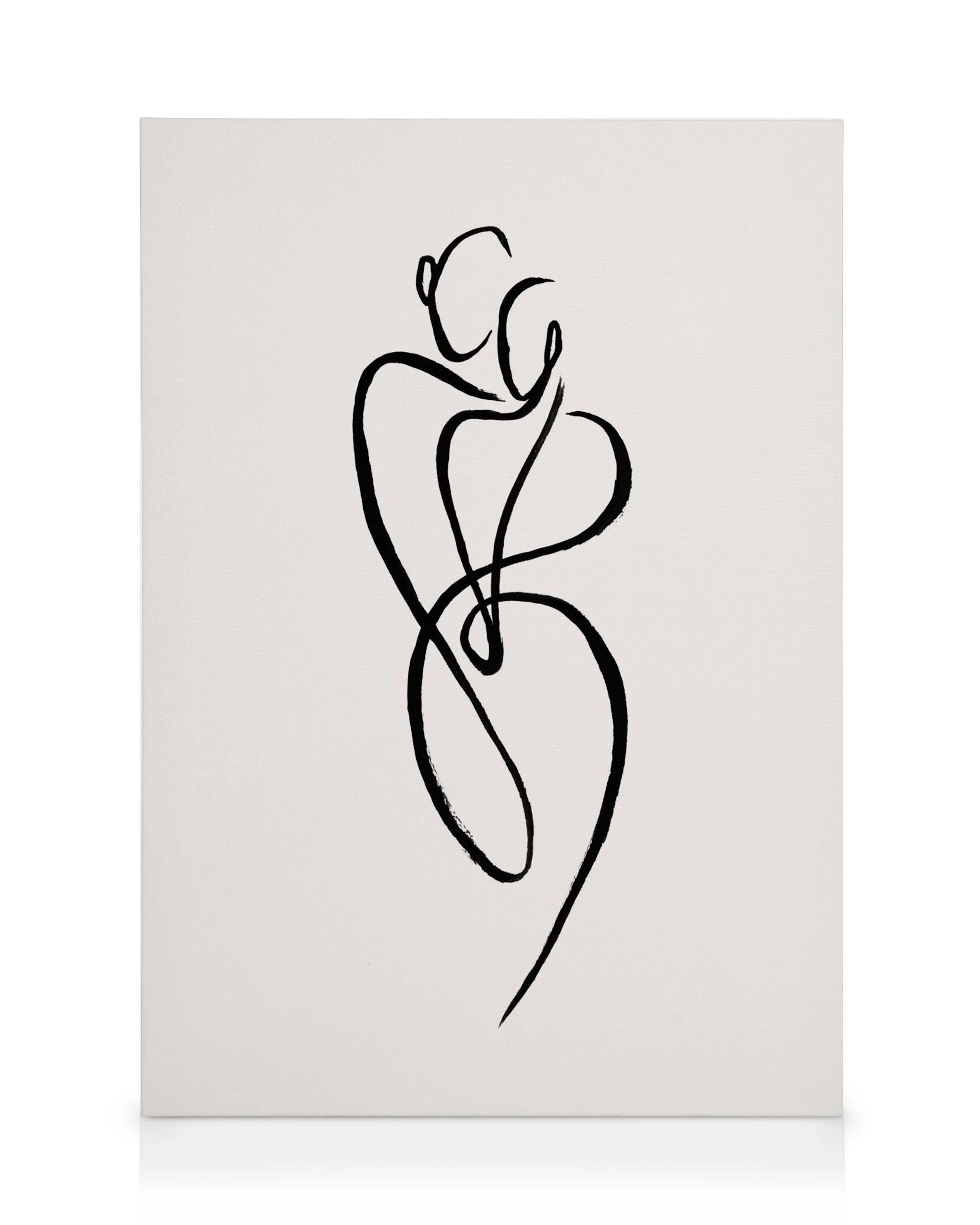 Leinwandbild mit minimalistischer schwarzer Linienkunst, die zwei sich umarmende Figuren auf hellem Hintergrund darstellt. Liebe