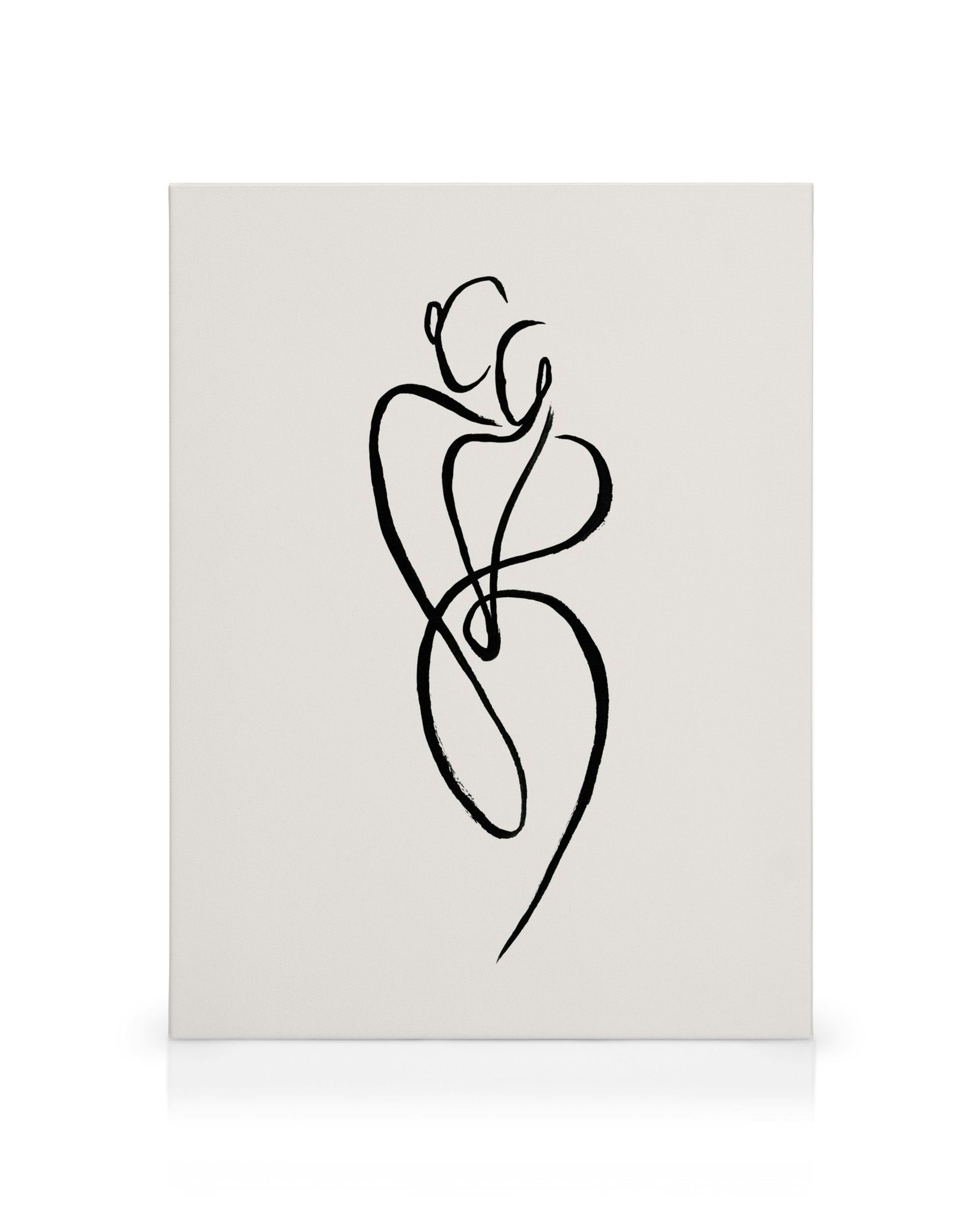 Sort, flydende stregtegning på lærred, der forestiller to omfavnende figurer, kunstnerisk lærredsbillede.