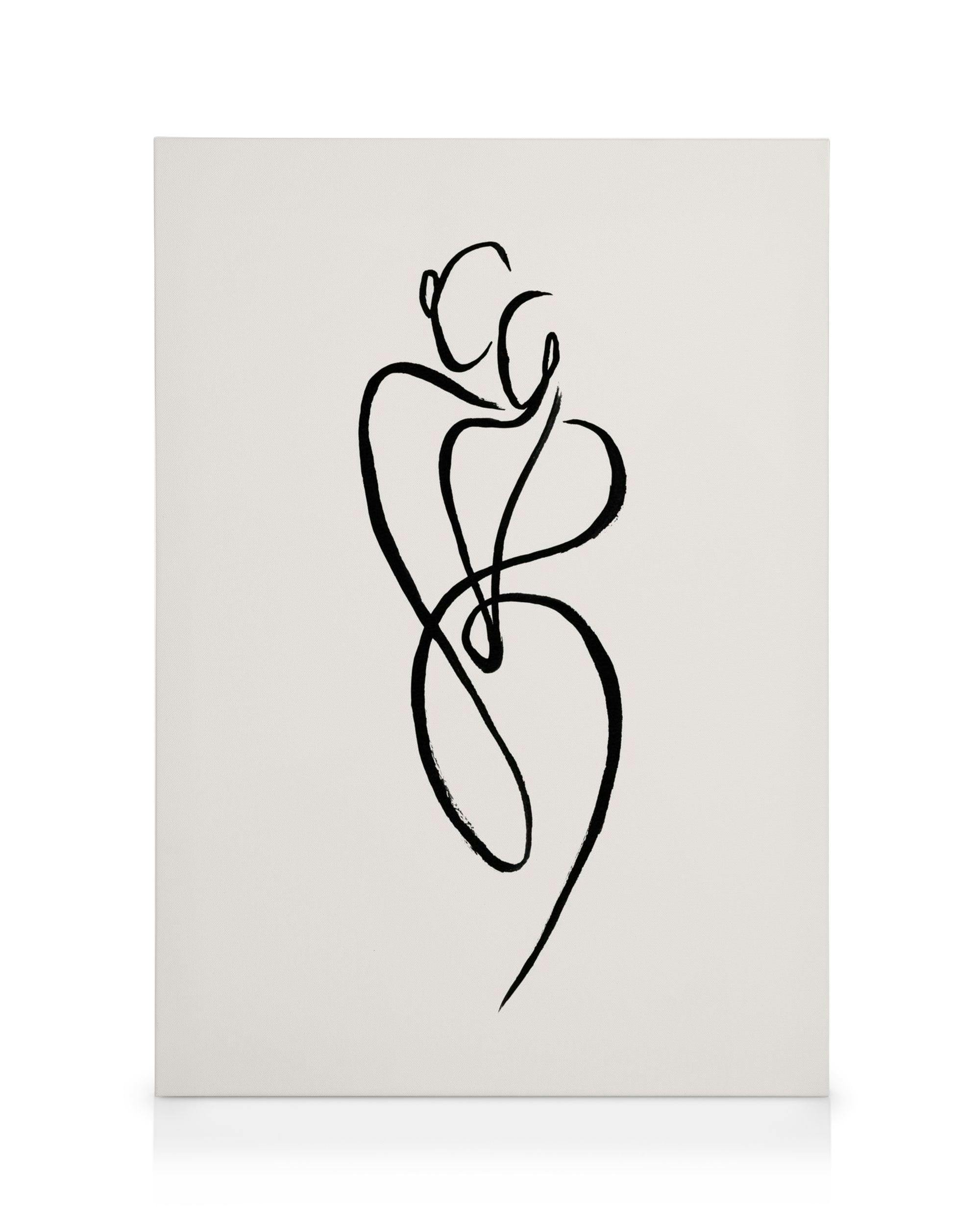 Stampa su tela con disegno a linea nera su sfondo bianco, raffigurante una figura umana o posa di danza.