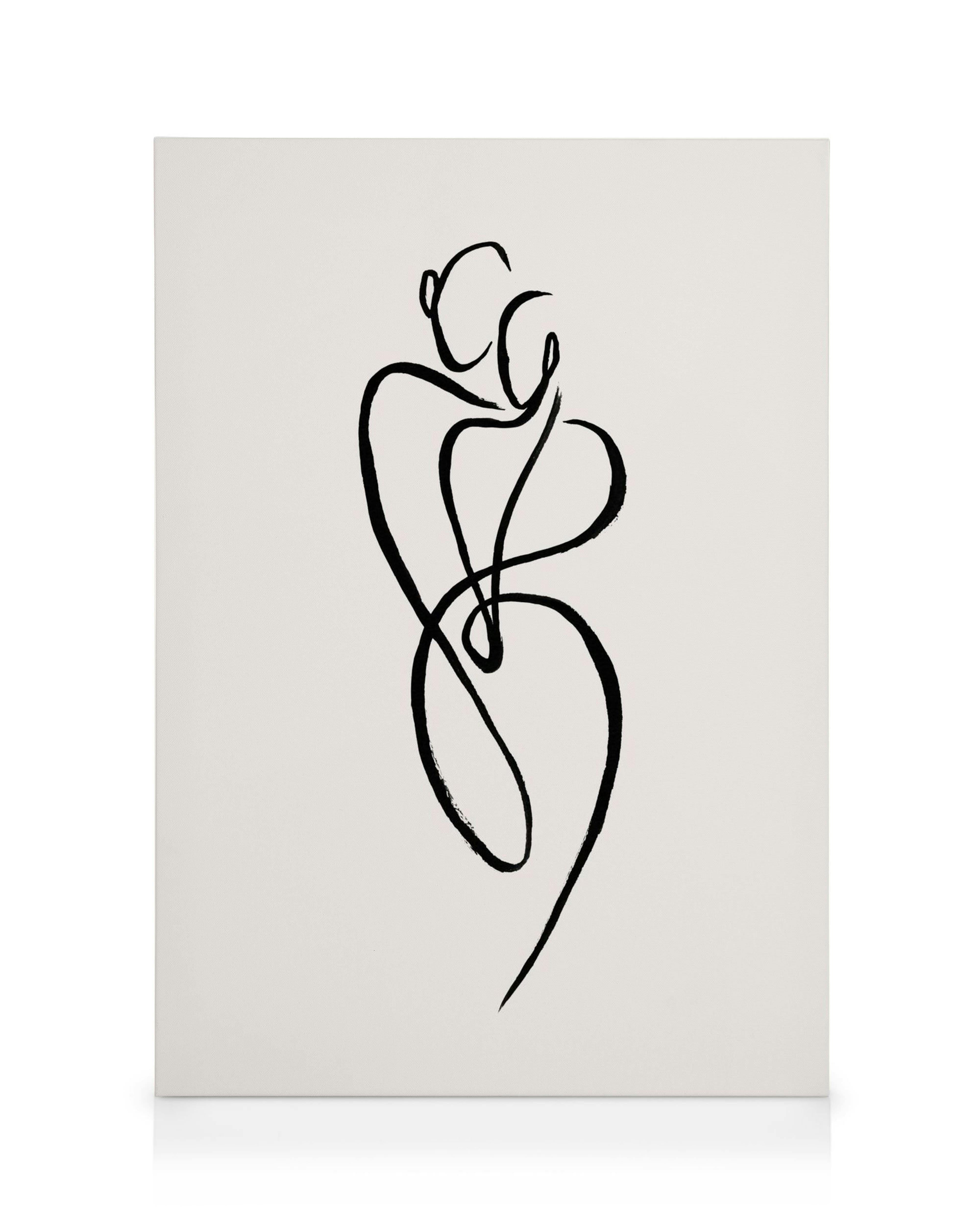 Stampa su tela con disegno a linea nera su sfondo bianco, raffigurante una figura umana o posa di danza.