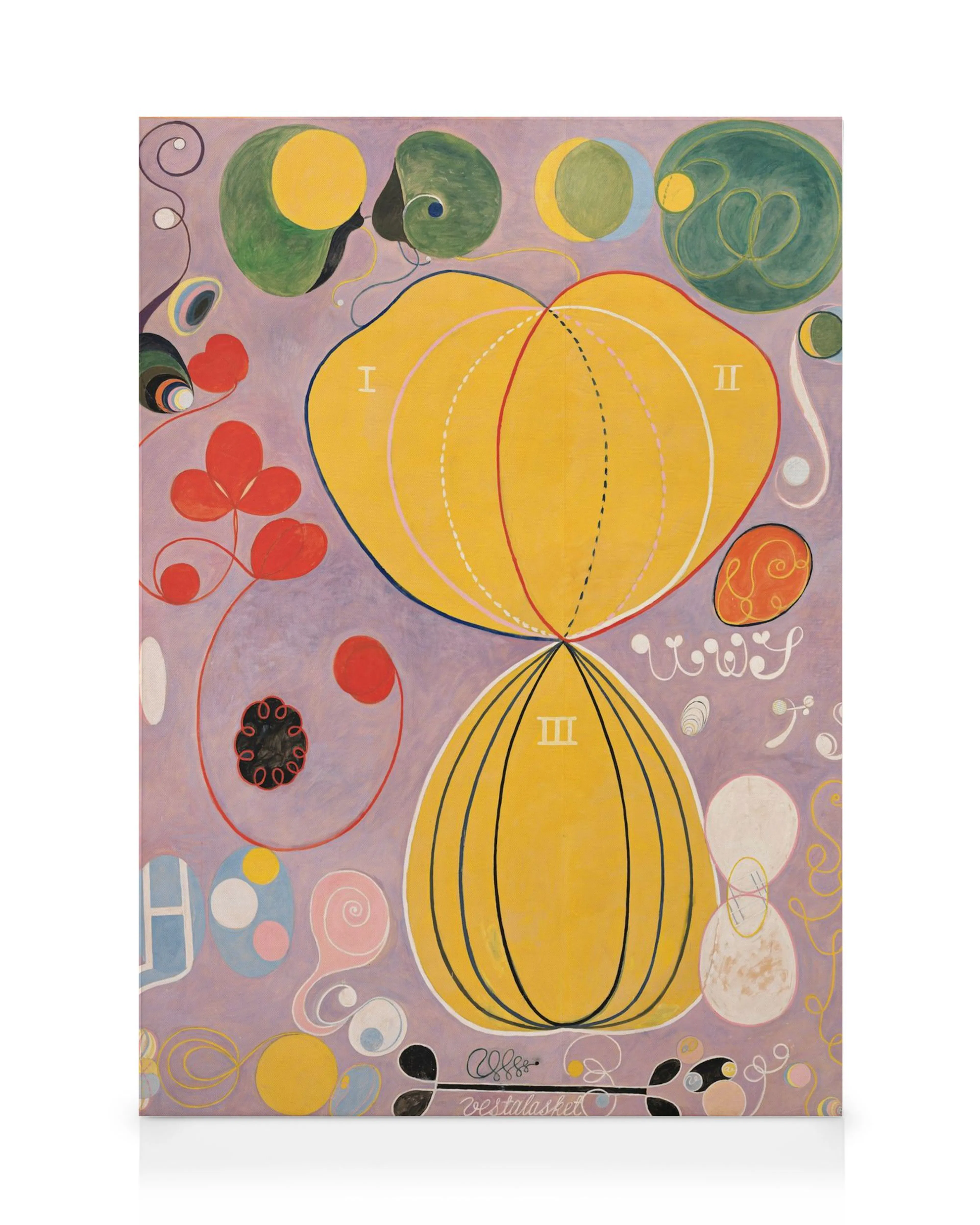 Hilma af Klints The Ten Largest, Adulthood, No. 7, features yellow organic shapes on a light purple background with abstract ele