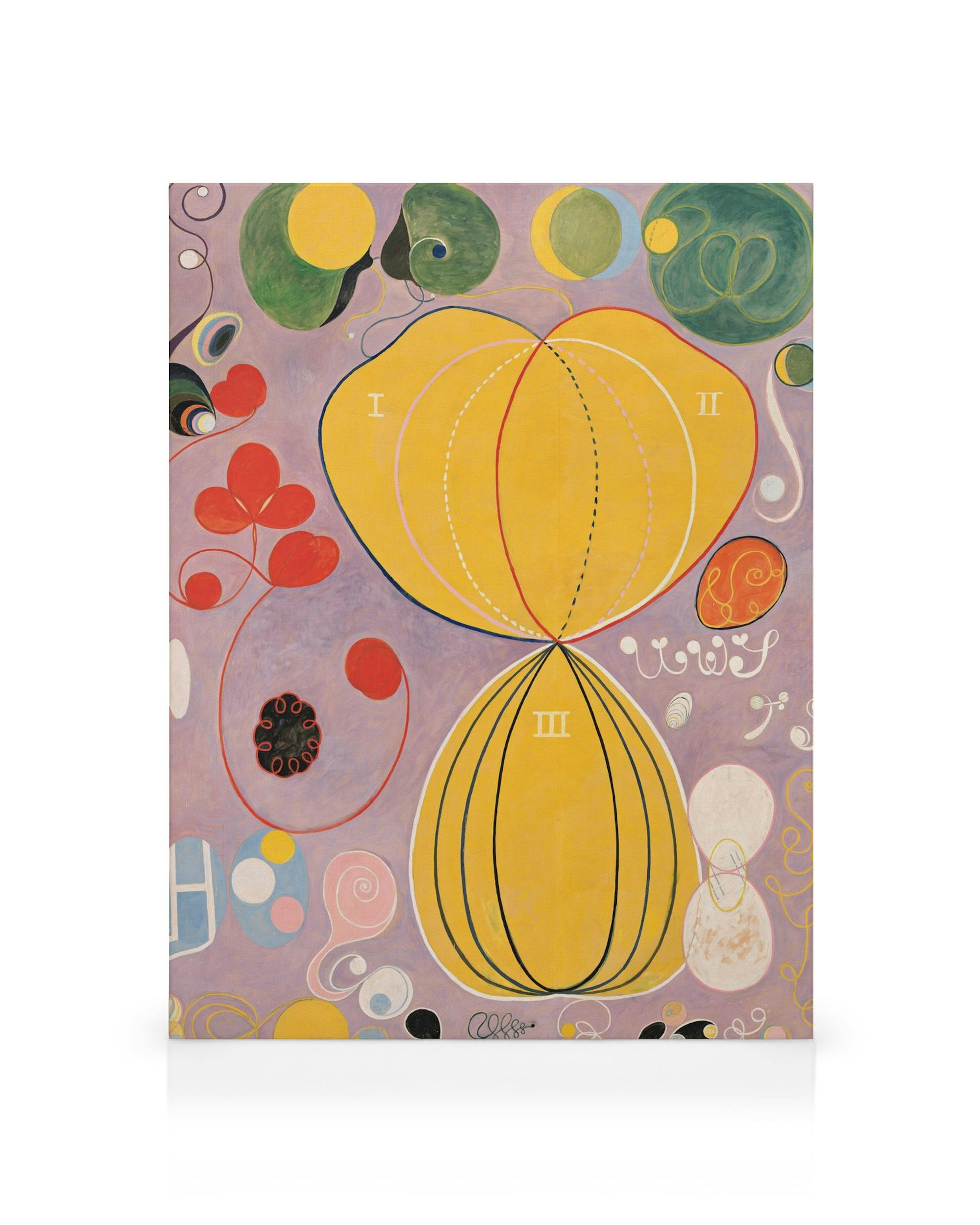 Abstract canvas print: Hilma af Klints Adulthood, No. 7 with yellow, red, green, purple on lavender.