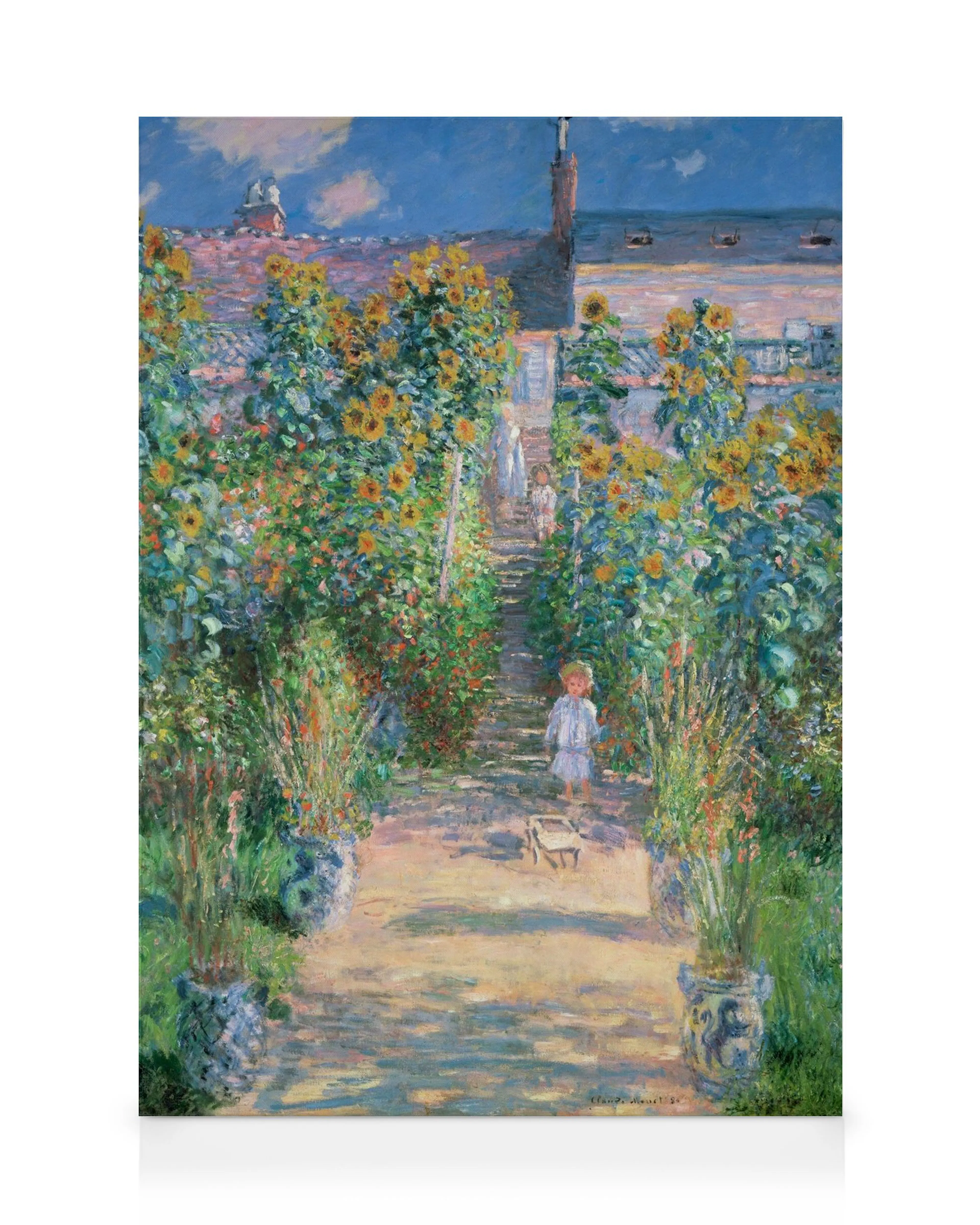Monet lærred, The Artists Garden at Vétheuil, impressionistisk havemaleri med solsikker og børn, kunsttryk.
